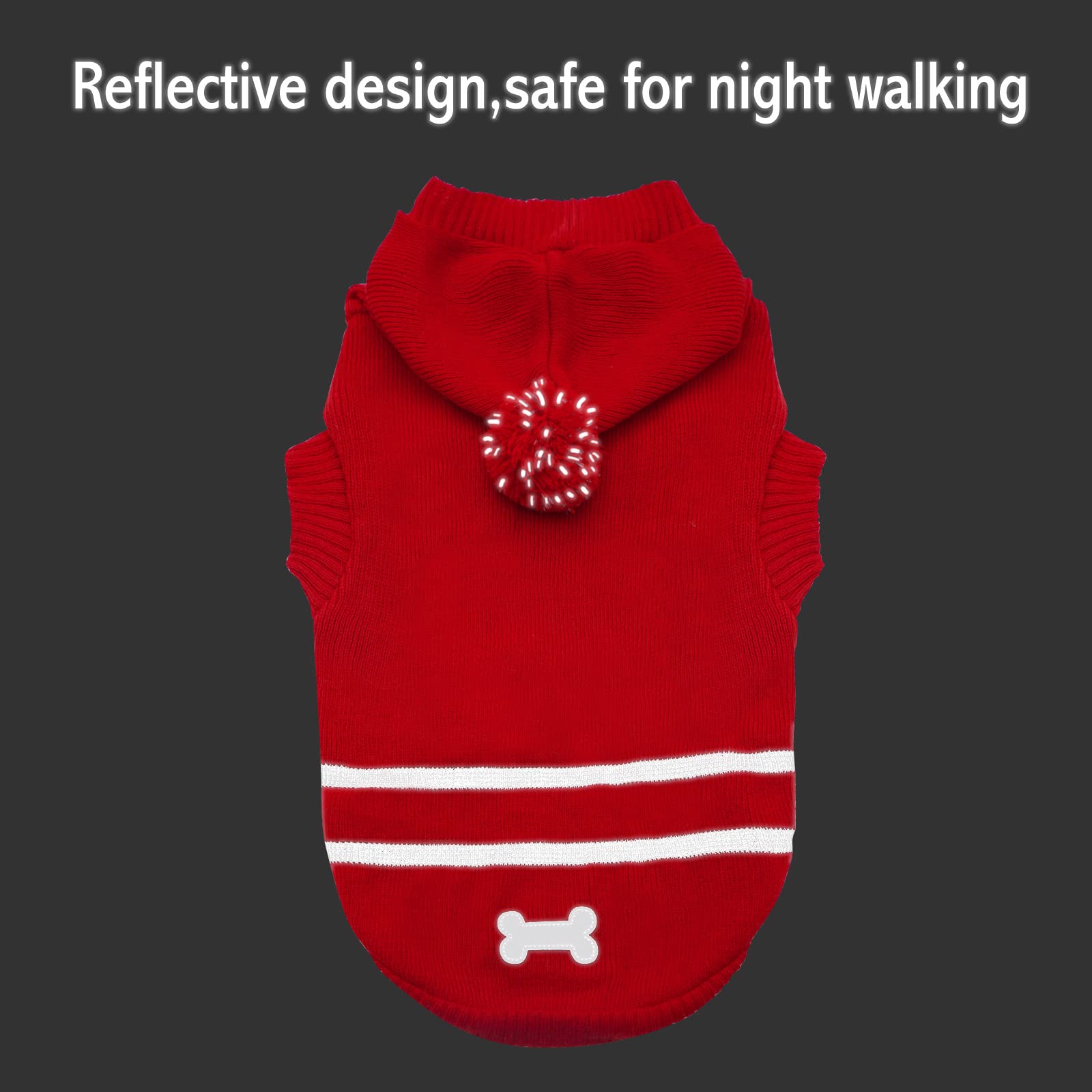 KYEESE Reflective Christmas Dog Sweater with Leash Hole - Warm Red Knit Hoodie Pullover for Small Dogs - Perfect for Winter Walks & Holiday Photos (Red, Size S)