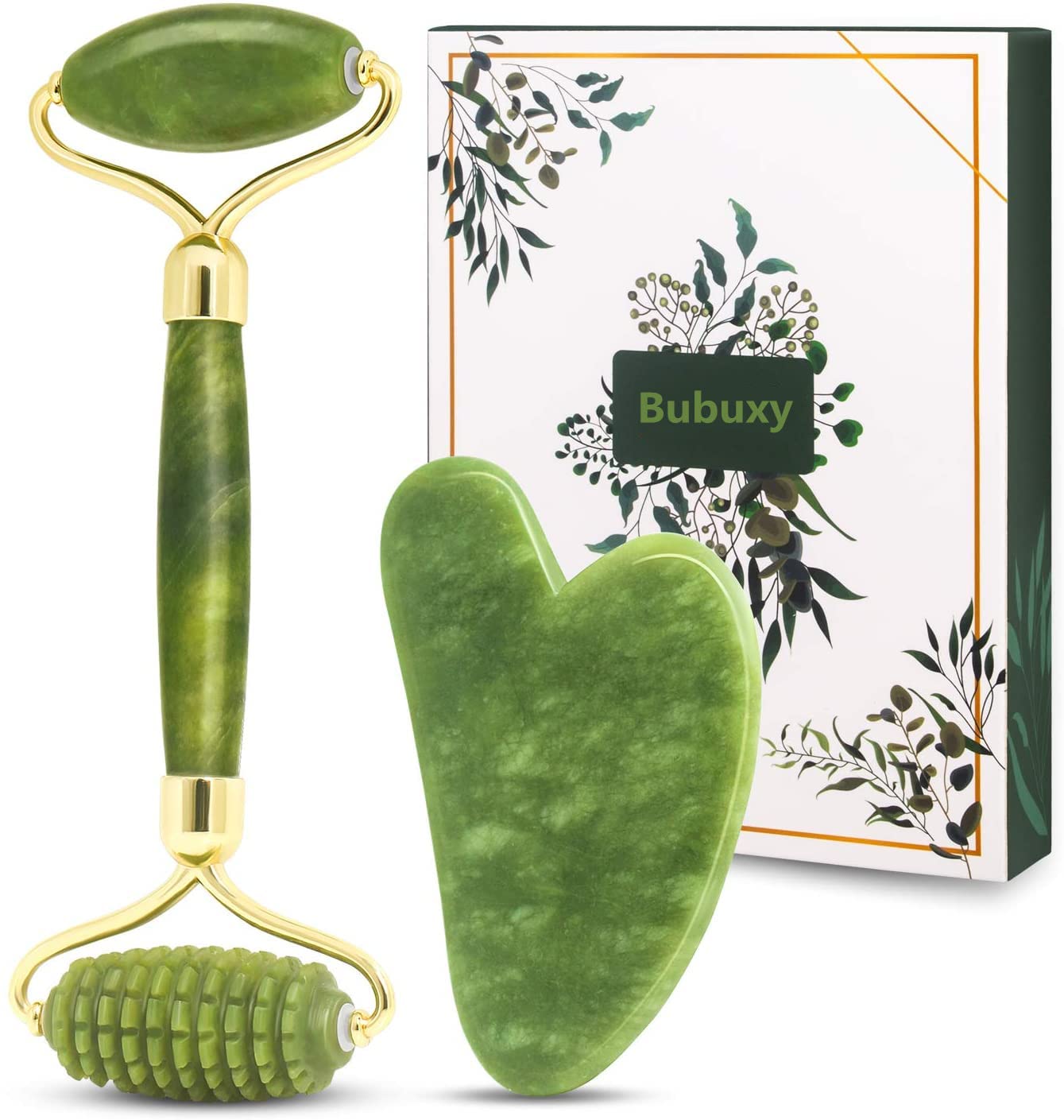 Jade Gua Sha & Roller Set for Face & Neck - Green Jade Stone Facial Massager for Puffiness, Skin Tightening & Rejuvenation | Perfect for Skincare Routine, Spa Days & Anti-Aging Treatment