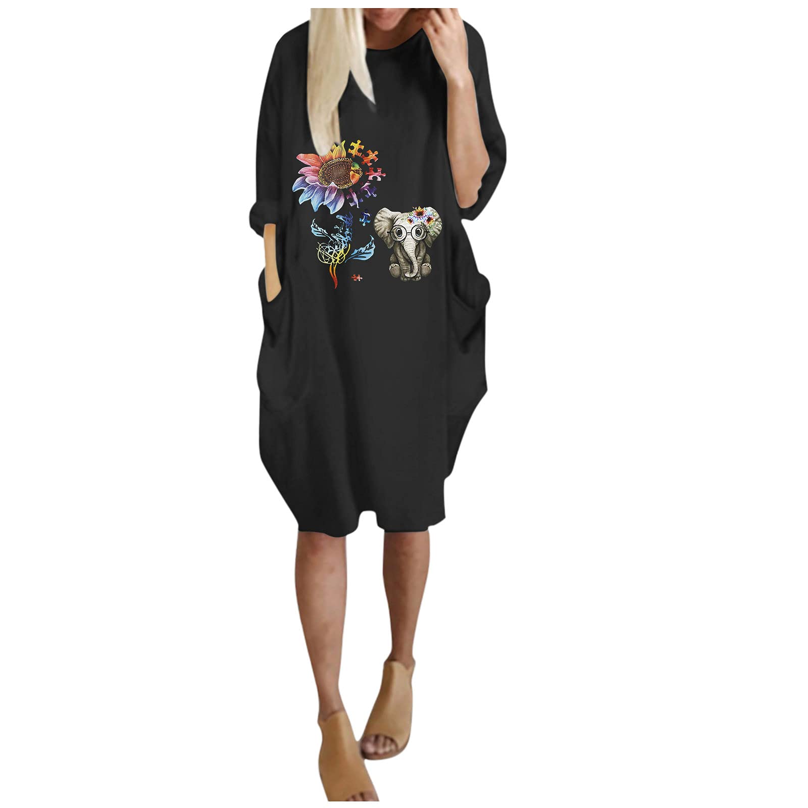 Pinkpaopao Women's Flowy Long Sleeve Boho Swing Dress - High Waist Casual Party Dress for Fall | Perfect for Outdoor Events, Date Nights & Boho Fashion