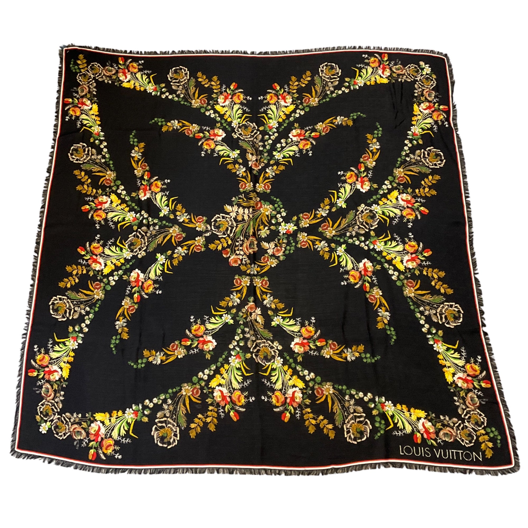 Louis Vuitton Black Multi Floral Monogram Fringed Large Wool Silk Cashmere Scarf - Luxury Winter Shawl for Women, Perfect for Office, Party & Travel Accessories