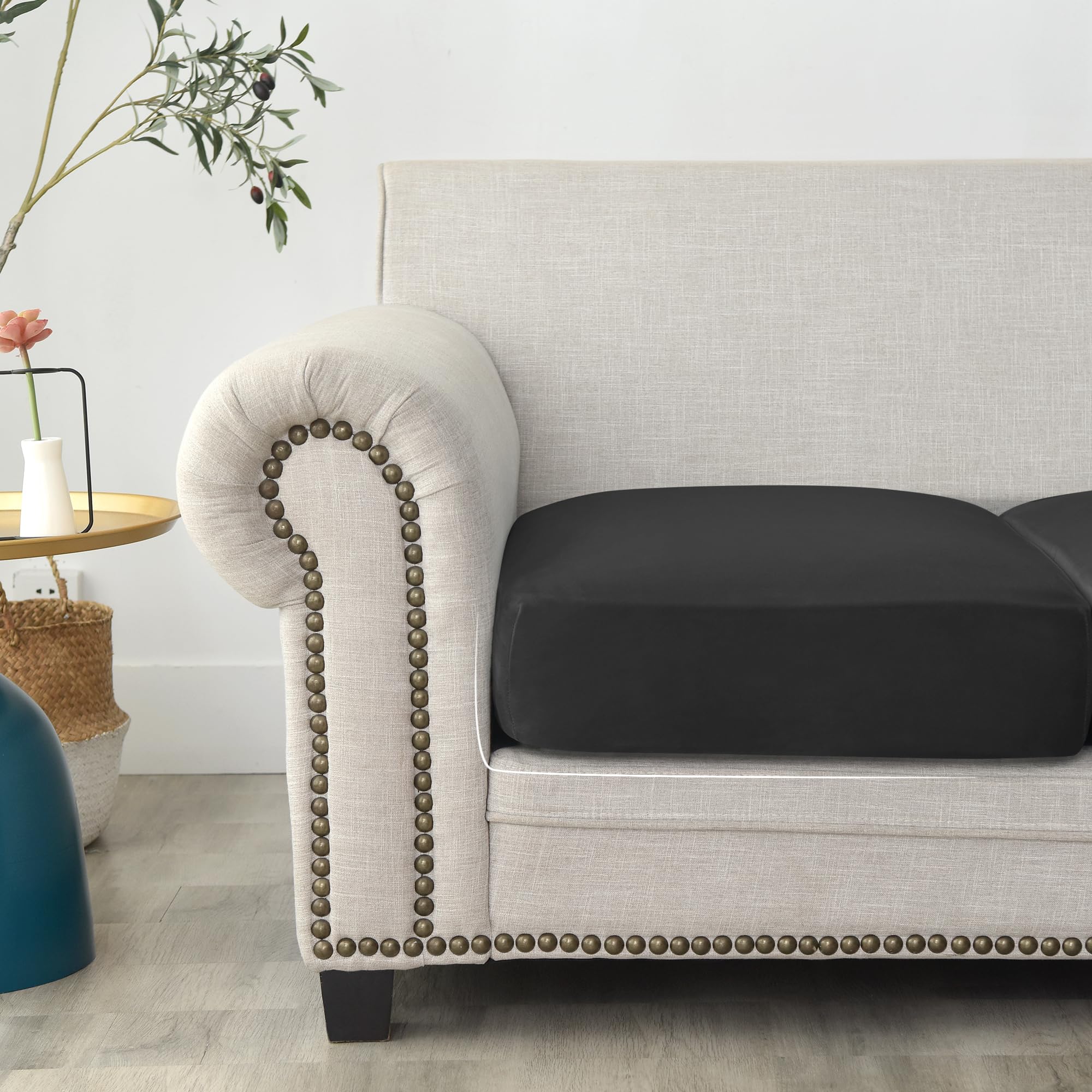 Soft Velvet Plush Stretch Cushion Cover - Elastic Bottom Sofa Slipcover (Black, 2 Pack) - Perfect for Living Room Furniture Protection & Home Decor
