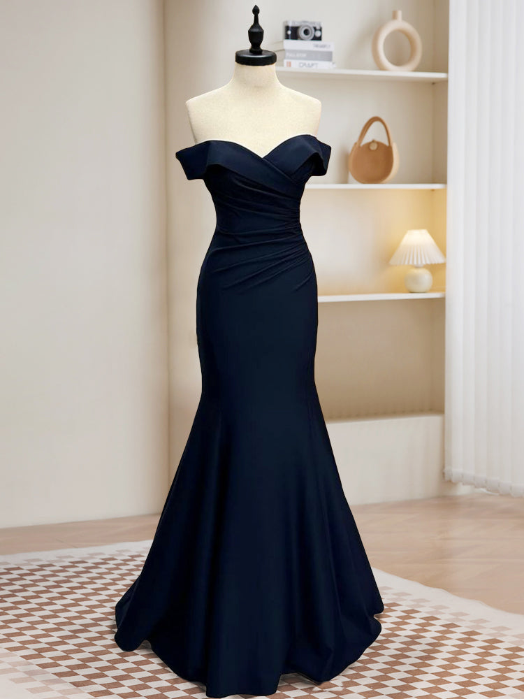Elegant Dark Blue Mermaid Satin Long Prom Dress - Formal Evening Gown for Homecoming, Wedding & Special Occasions