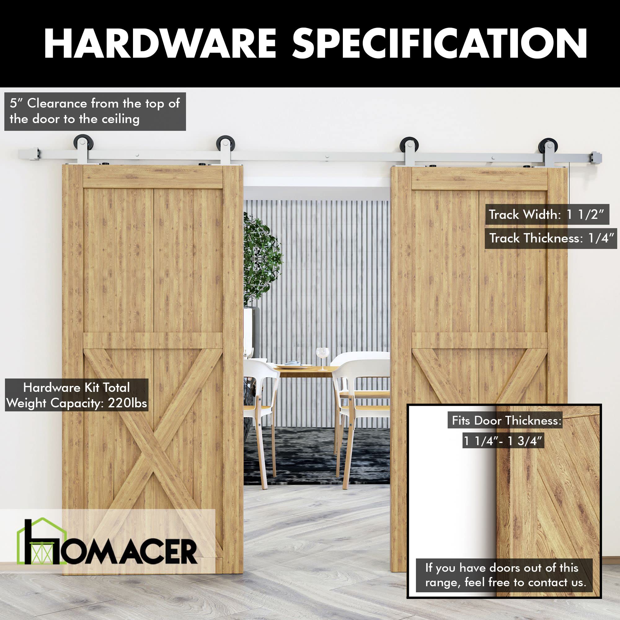Homacer Brushed Nickel Sliding Barn Door Hardware Kit - Heavy Duty Non-Bypass Track System for Double Doors (4ft Flat Track, T-Shape Rollers) - Perfect for Interior & Exterior Home, Office, and Commercial Spaces