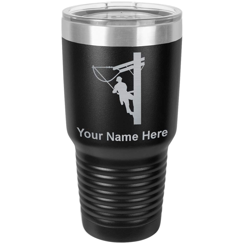 30oz Vacuum Insulated Stainless Steel Tumbler Mug with Lid - Personalized Engraving Gift for Lineman, Construction Workers - Leakproof, Keeps Drinks Hot/Cold 24 Hours - Perfect for Job Sites, Camping & Outdoor Activities (Black)