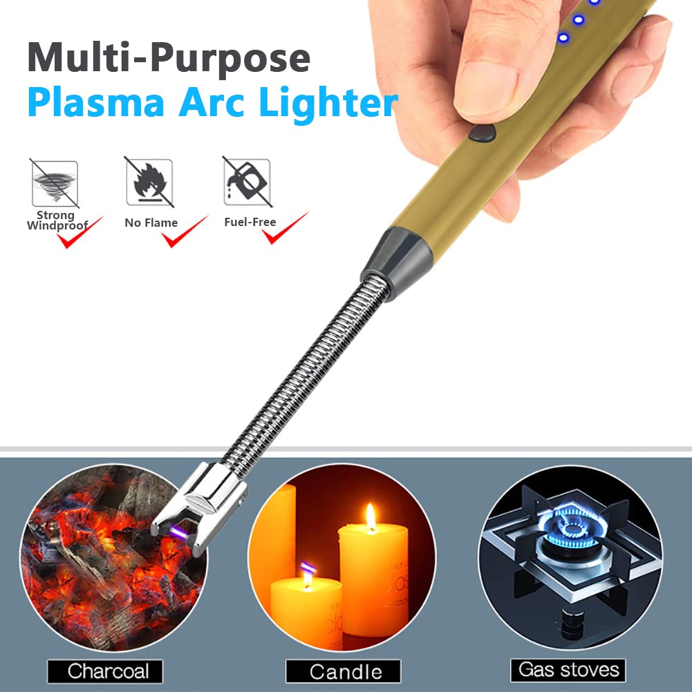 SKRFIRE Electric Lighter - Rechargeable Windproof Plasma Lighter with Hanging Loop for Candles, Cooking, BBQs & Fireworks | Flameless & Safe | Perfect for Camping, Outdoor Adventures & Emergency Use (Gold)