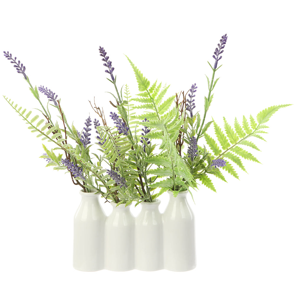 12-Piece Silk Lavender Flower & Fern Bouquet Set with Ceramic Vase - Elegant Purple Floral Arrangement for Home Decor, Wedding Centerpieces & Office Desk Decorations (Pack of 6)