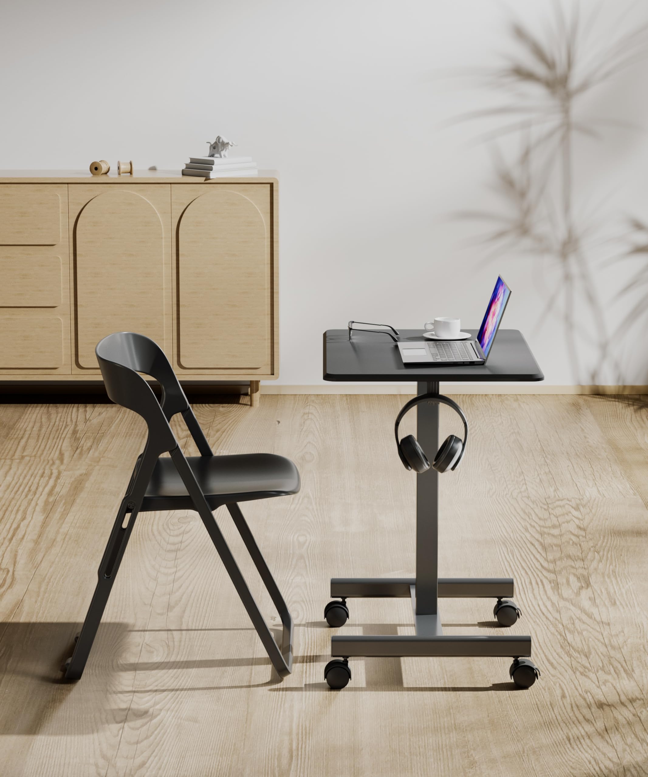 Adjustable Height Mobile Standing Desk with Lockable Wheels & Hook - Portable Rolling Laptop Desk for Home Office & Hospital Use - Sit Stand Workstation with Gas Spring for Ergonomic Computing, Telemedicine & Nursing Stations