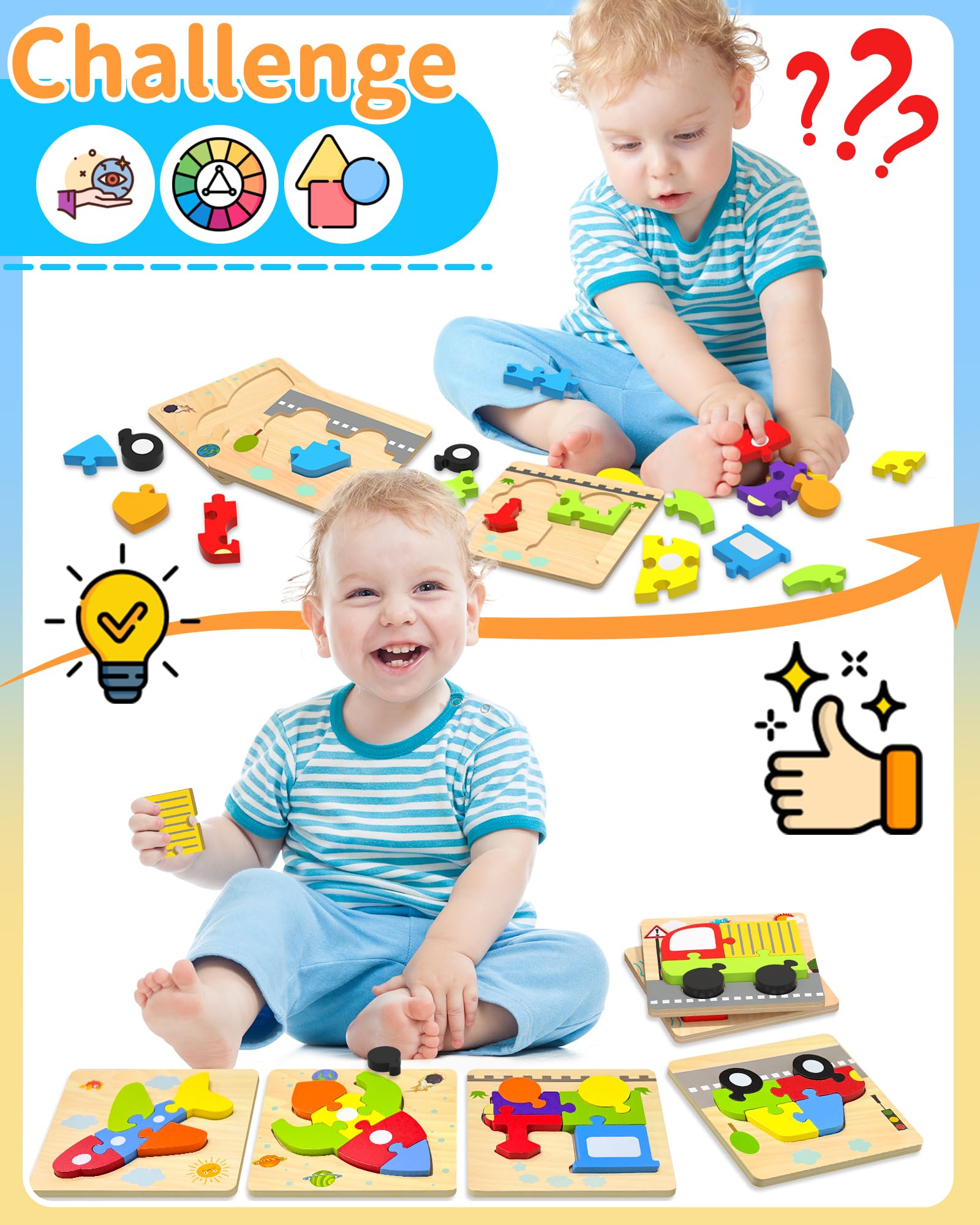 Wooden Puzzles for Toddlers Ages 1-3 - 6 Vehicle Shape Educational Learning Toys for Boys & Girls - Montessori Sensory Toys for 1 2 3 Year Olds - Perfect Birthday Gift for Kids 2-4 Years Old - Great for Early Childhood Development & Montessori Classroom Activities