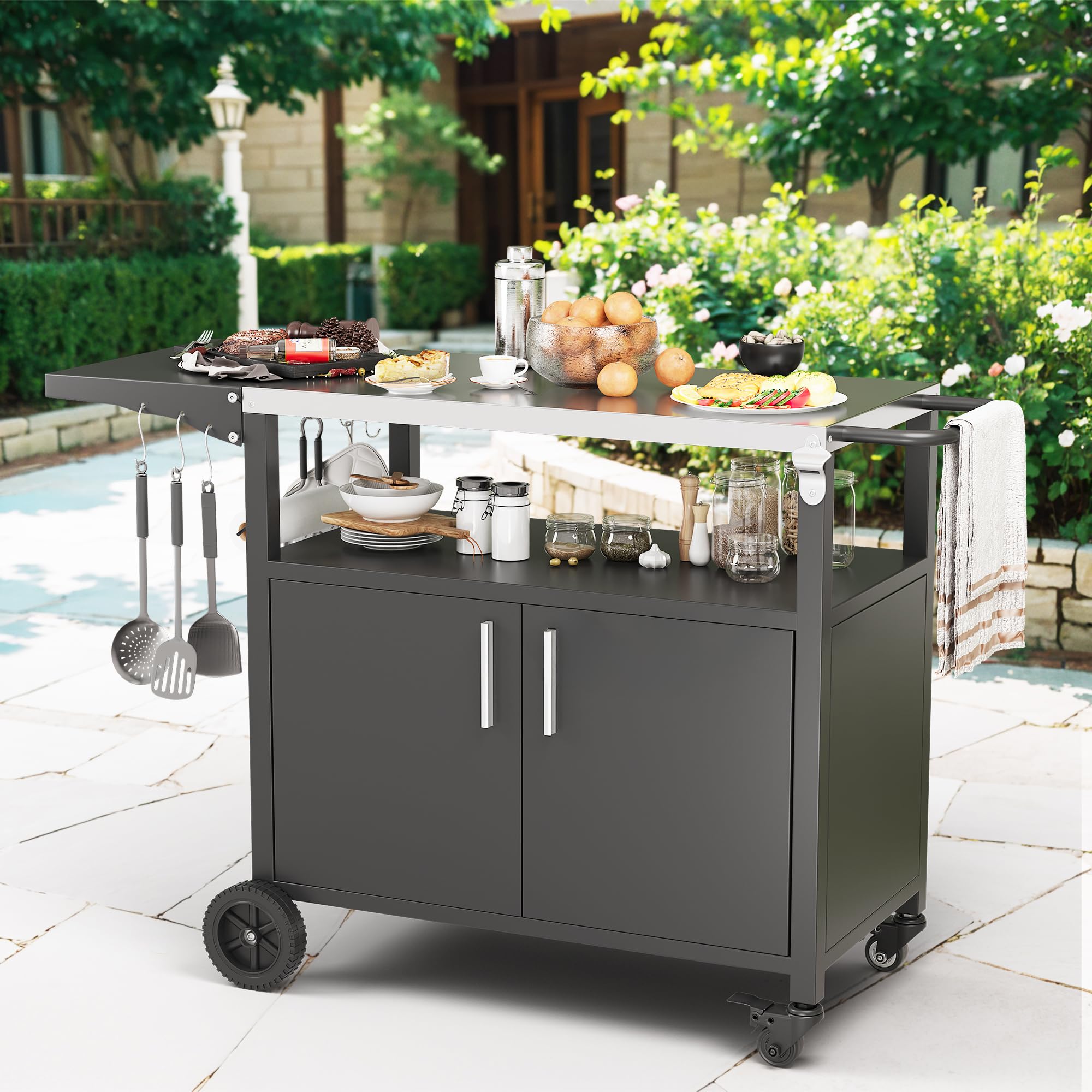 Premium Outdoor Grill Cart with Storage & Wheels - Patio Kitchen Island BBQ Table, Movable Pizza Oven Stand with Foldable Tabletop & Cabinet - Perfect for Backyard Cooking, Tailgating & Camping (Black)