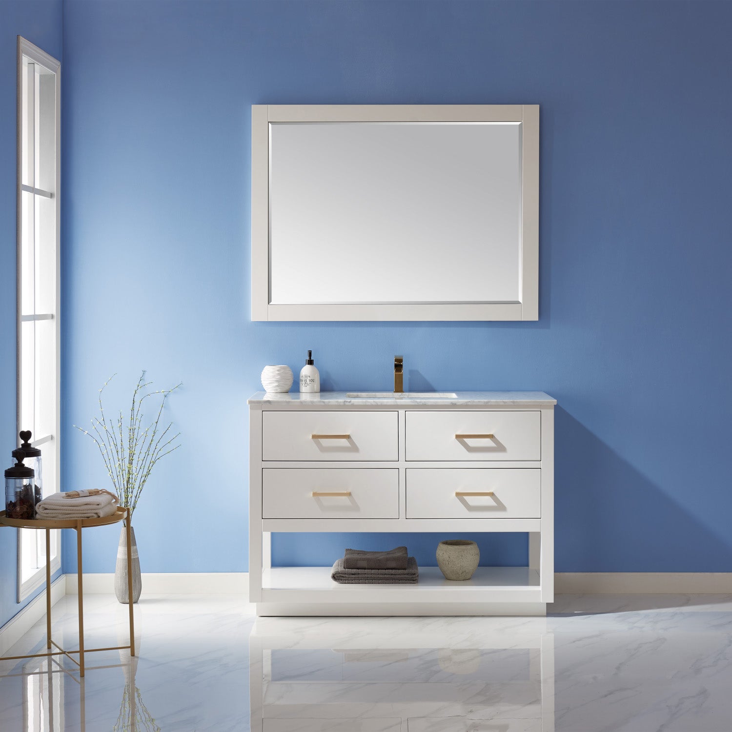 Remi 48 Inch Single Bathroom Vanity Set with White Marble Countertop - Modern Sink Cabinet for Small Bathroom, Powder Room & Guest Bath Installation