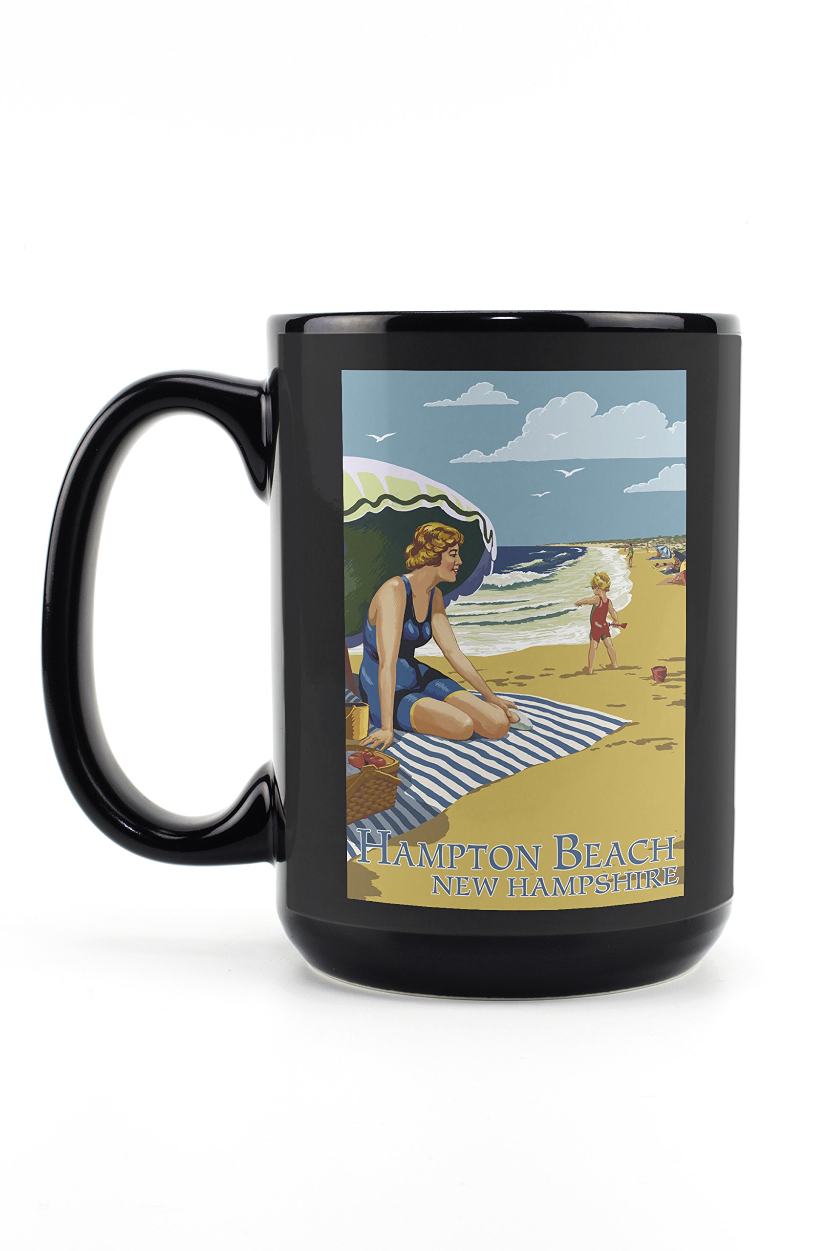 15oz Black Ceramic Coffee Mug - Hampton Beach New Hampshire Woman on Beach Design - Dishwasher & Microwave Safe - Perfect for Home, Office & Gifts