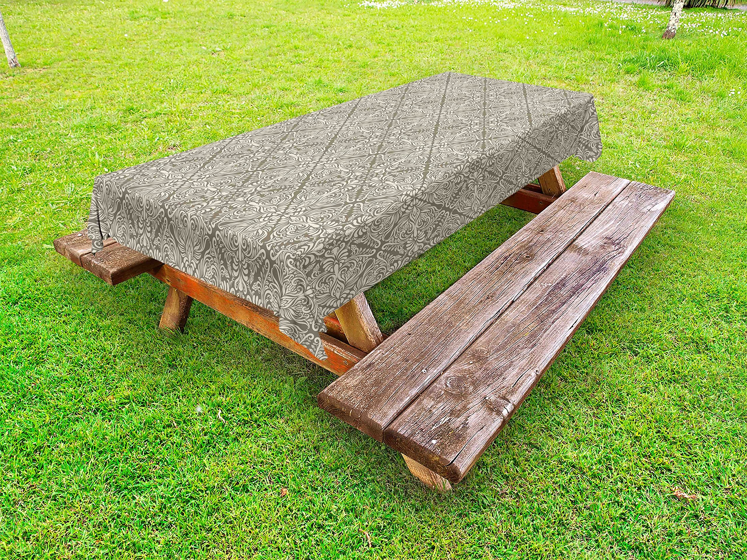 Vintage Floral Outdoor Tablecloth - Hand Drawn Byzantine Damask Design with Curly Leaves - Washable Picnic Table Cover 58