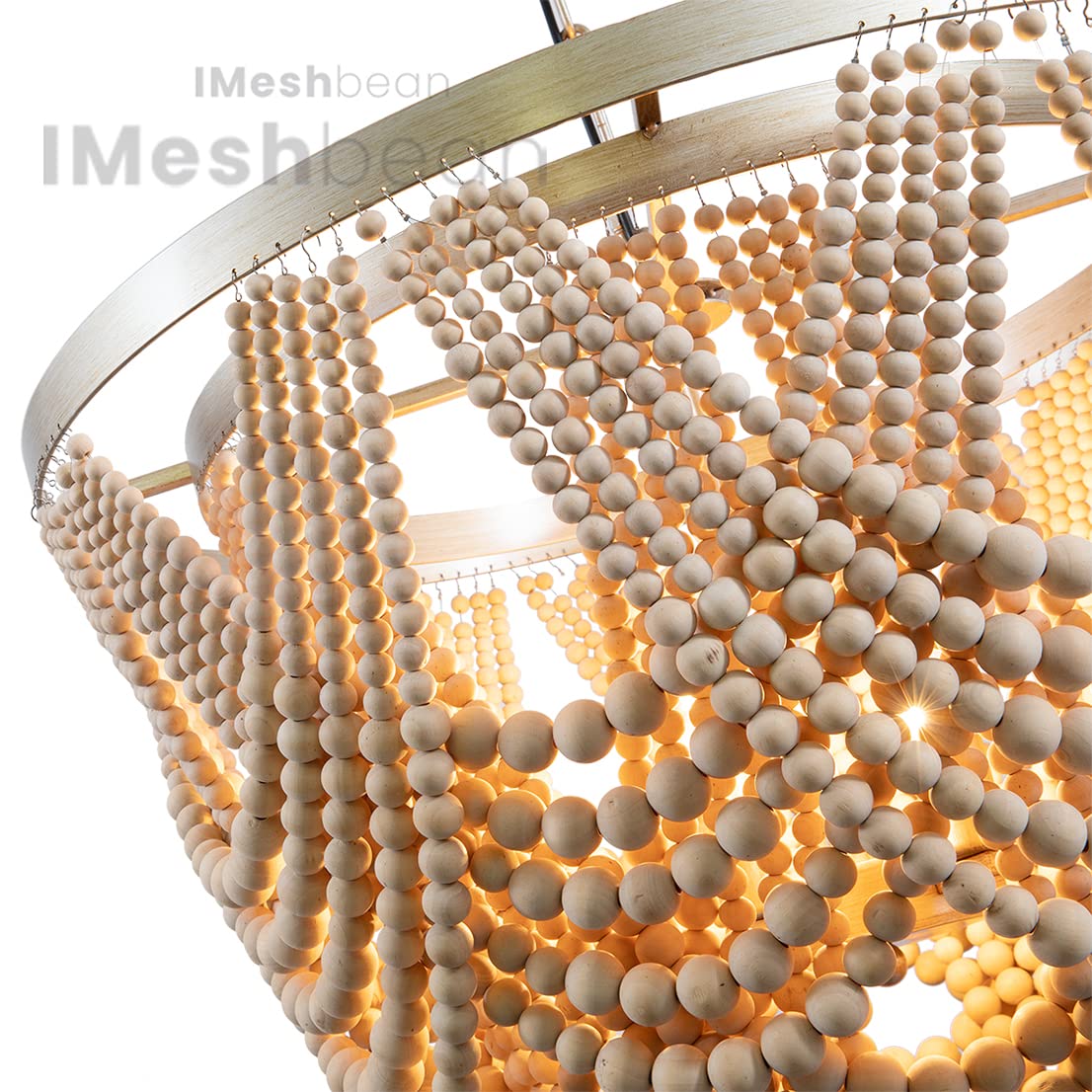 Boho Wood Beaded Chandelier Light Fixture - Handmade Bohemian Farmhouse Ceiling Light with Draped Beads for Living Room, Bedroom & Dining Room Decor