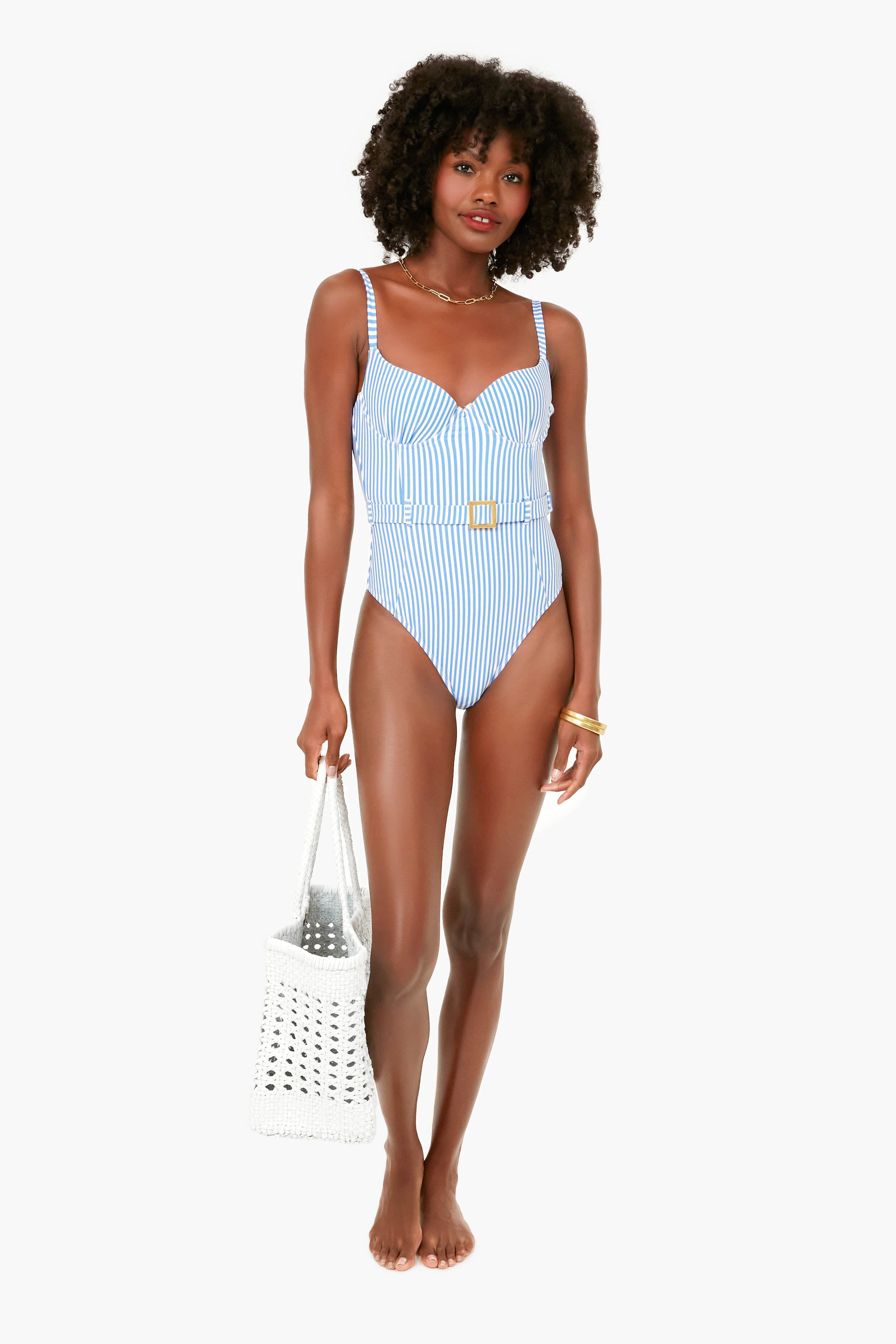 Blue Jean & White Danielle One Piece Swimsuit - Stylish Women's Bathing Suit for Beach, Pool & Summer Vacations