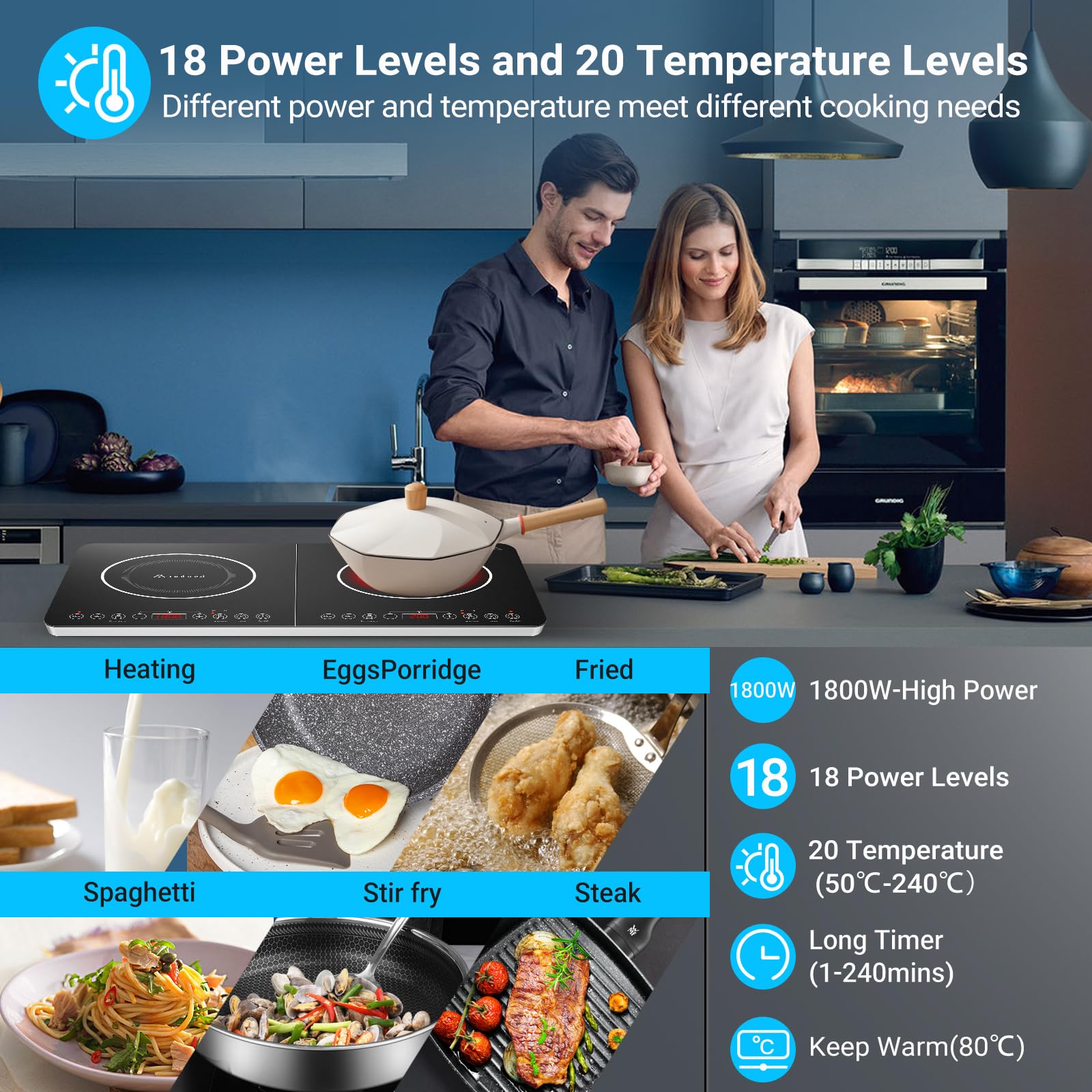 Aobosi Double Induction Cooktop with Black Glass Panel, Independent Controls, 20 Temperature Settings & 18 Power Levels [Upgraded], 4-Hour Timer, 2800W, Safety Lock – Perfect for Home Kitchen, Restaurant & Outdoor Cooking