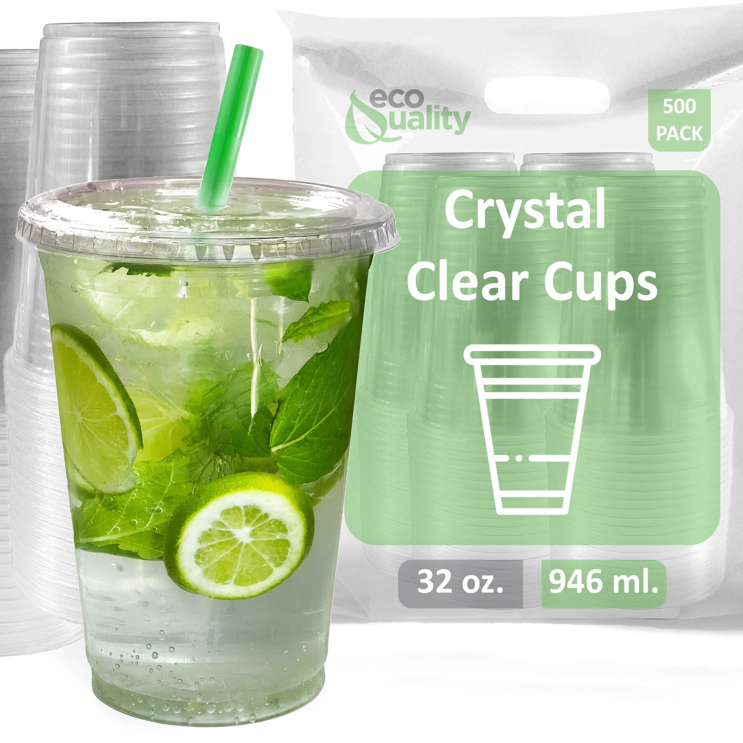 EcoQuality 32 oz Clear Plastic Disposable Cups with Lids and Straws - BPA Free PET Cups for Smoothies, Protein Shakes, Bubble Tea, Iced Coffee, Boba, Fresh Juice - Perfect for Meal Prep, Parties, Restaurants & Cafes (500 Count)