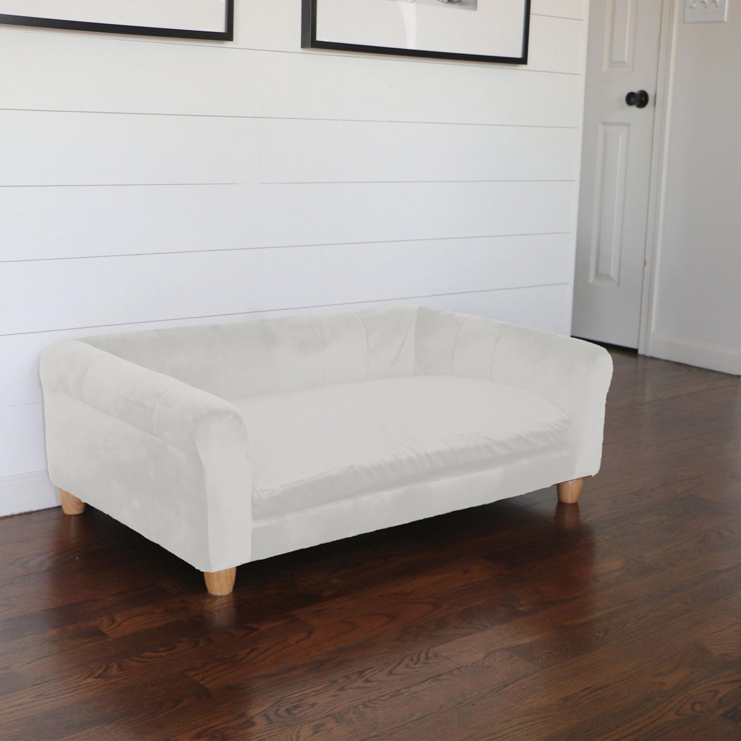 Critter Sitters 42-Inch Elegant Cream Faux-Velvet Rectangular Dog Sofa Bed - Durable Elevated Pet Couch for Medium & Large Dogs - Comfortable Modern Stylish Dog Furniture for Living Room, Bedroom & Pet-Friendly Spaces
