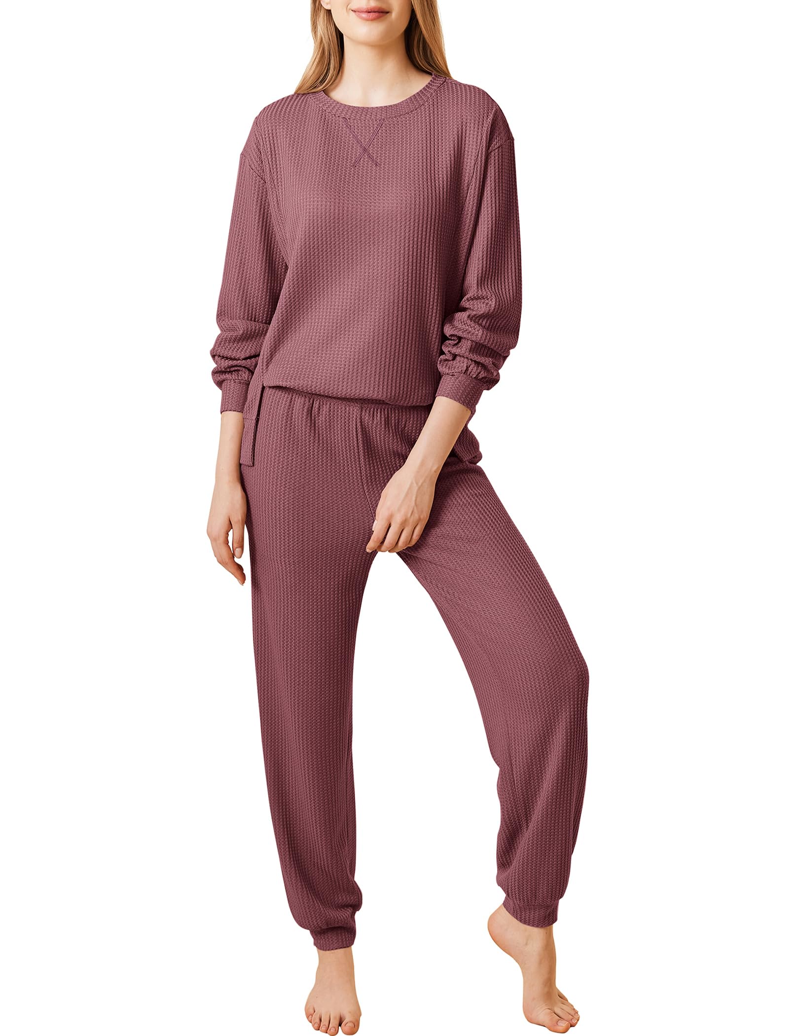 Ekouaer Women's Waffle Knit Lounge Set - Long Sleeve Pajama Set with Pockets, 2-Piece Outfit (Top & Pants) - Cozy Homewear for Relaxing, Sleeping & Lounging