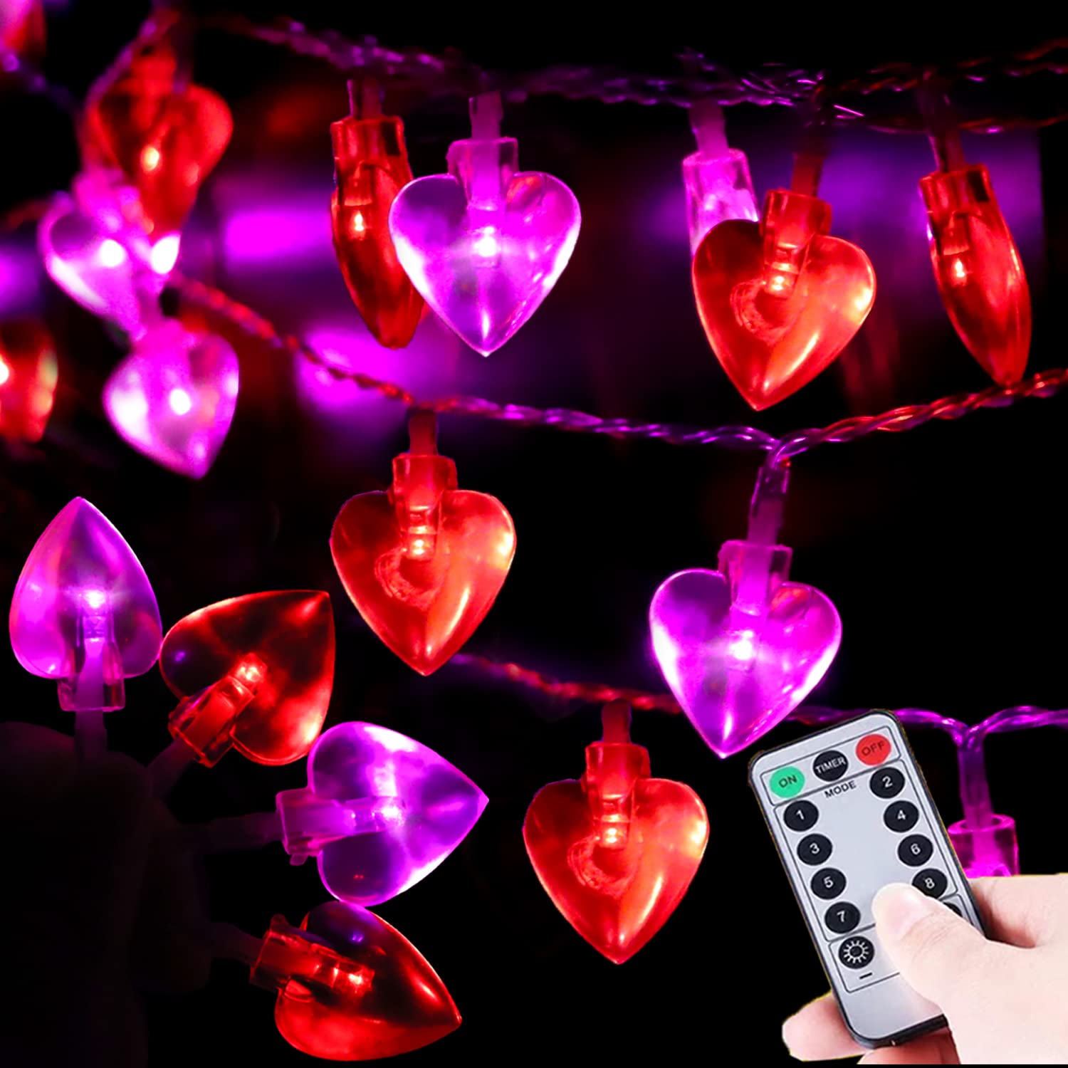 50 LED Red and Pink Valentine's Day Lights with Timer & 8 Modes - Battery Operated Heart String Lights for Romantic Decor - Perfect for Valentine's Day, Weddings, Anniversaries, Mother's Day & Home Decoration