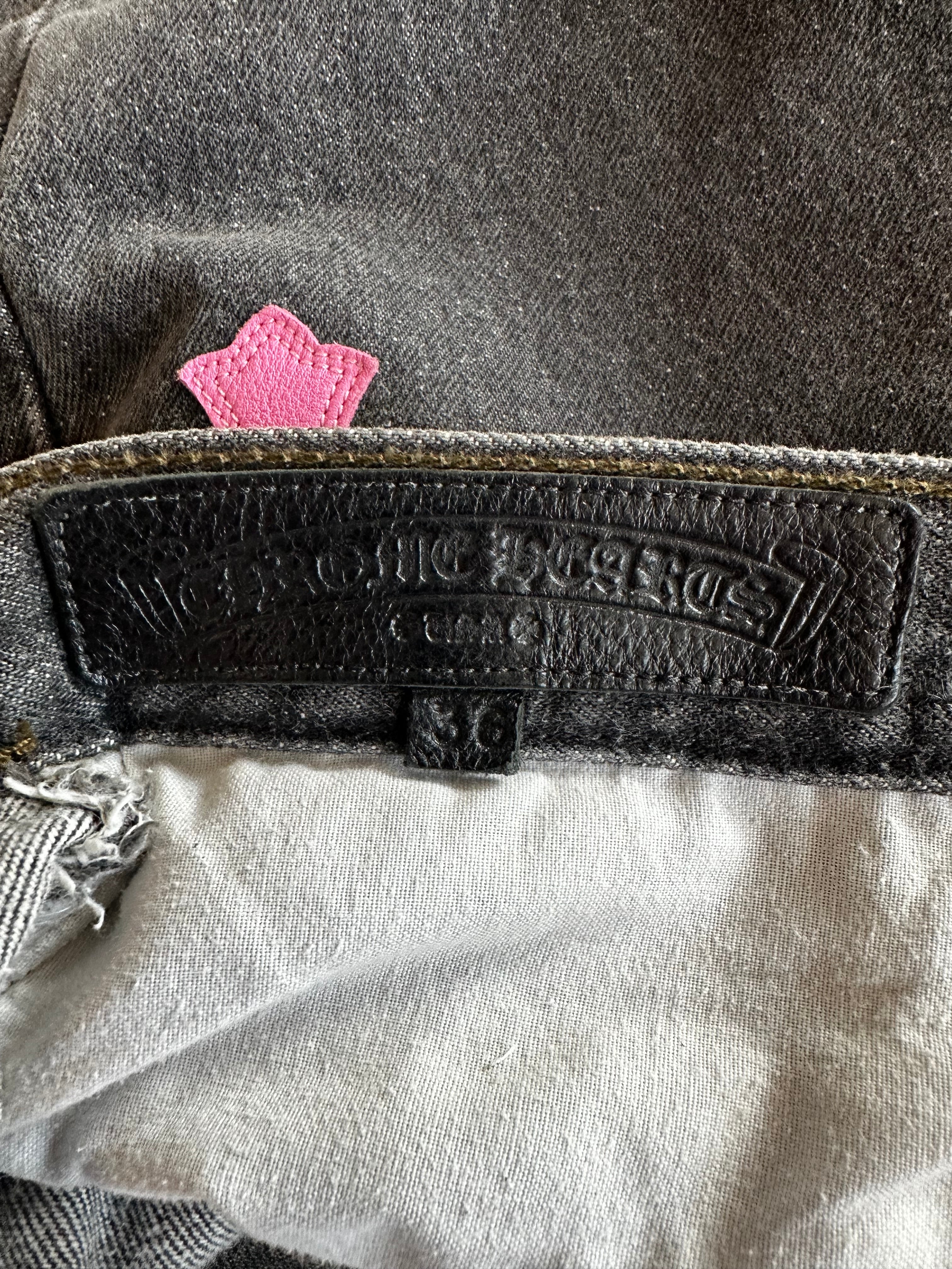 Chrome Hearts x Levi's Grey & Pink Hong Kong Patch Distressed Jeans for Men & Women | Vintage Denim Pants with Unique Embroidery - Perfect for Streetwear & Casual Outfits