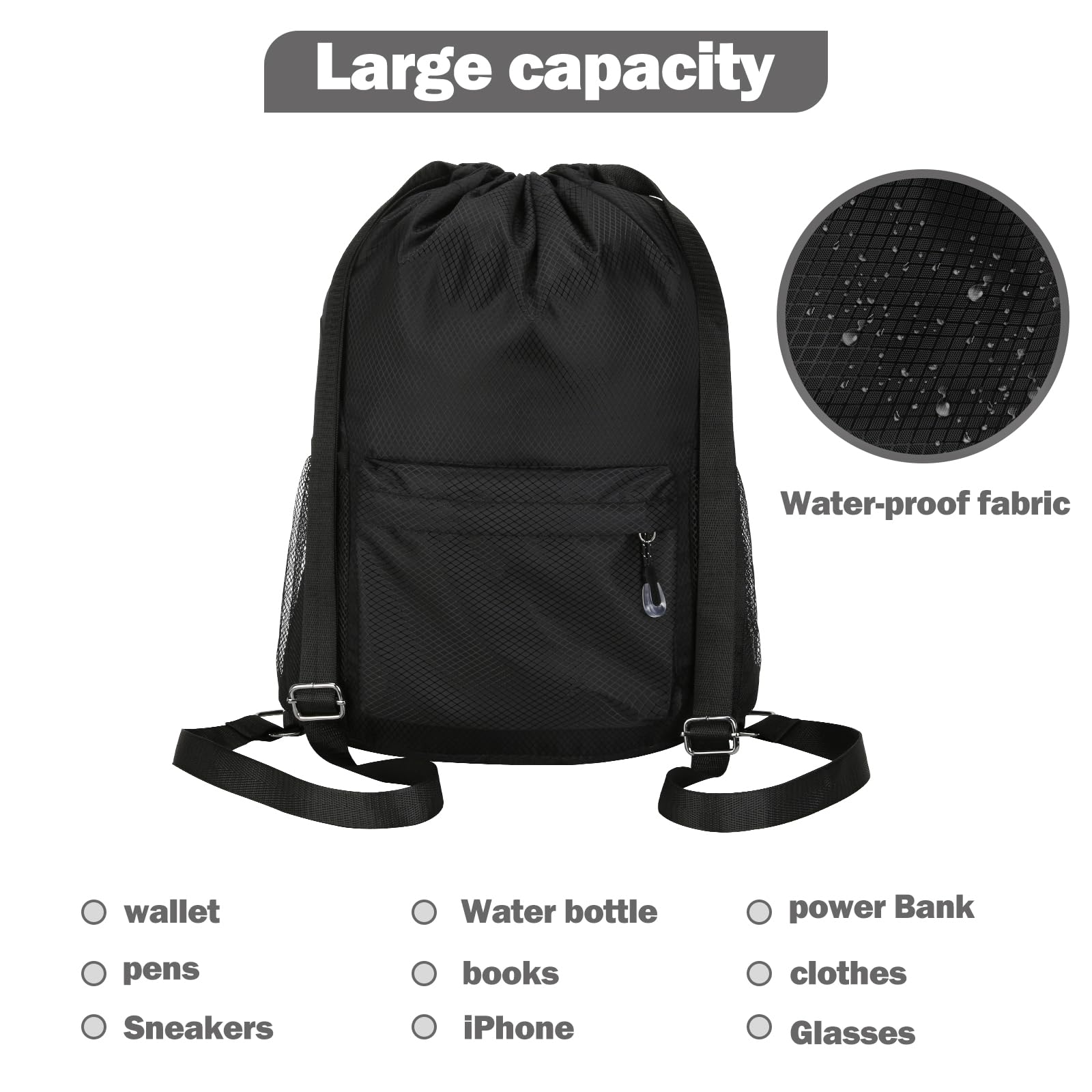 Waterproof Drawstring Backpack - Lightweight Gym Sack with Water Bottle Holder & Pockets for Sports, Travel, Hiking & Outdoor Activities (Black)