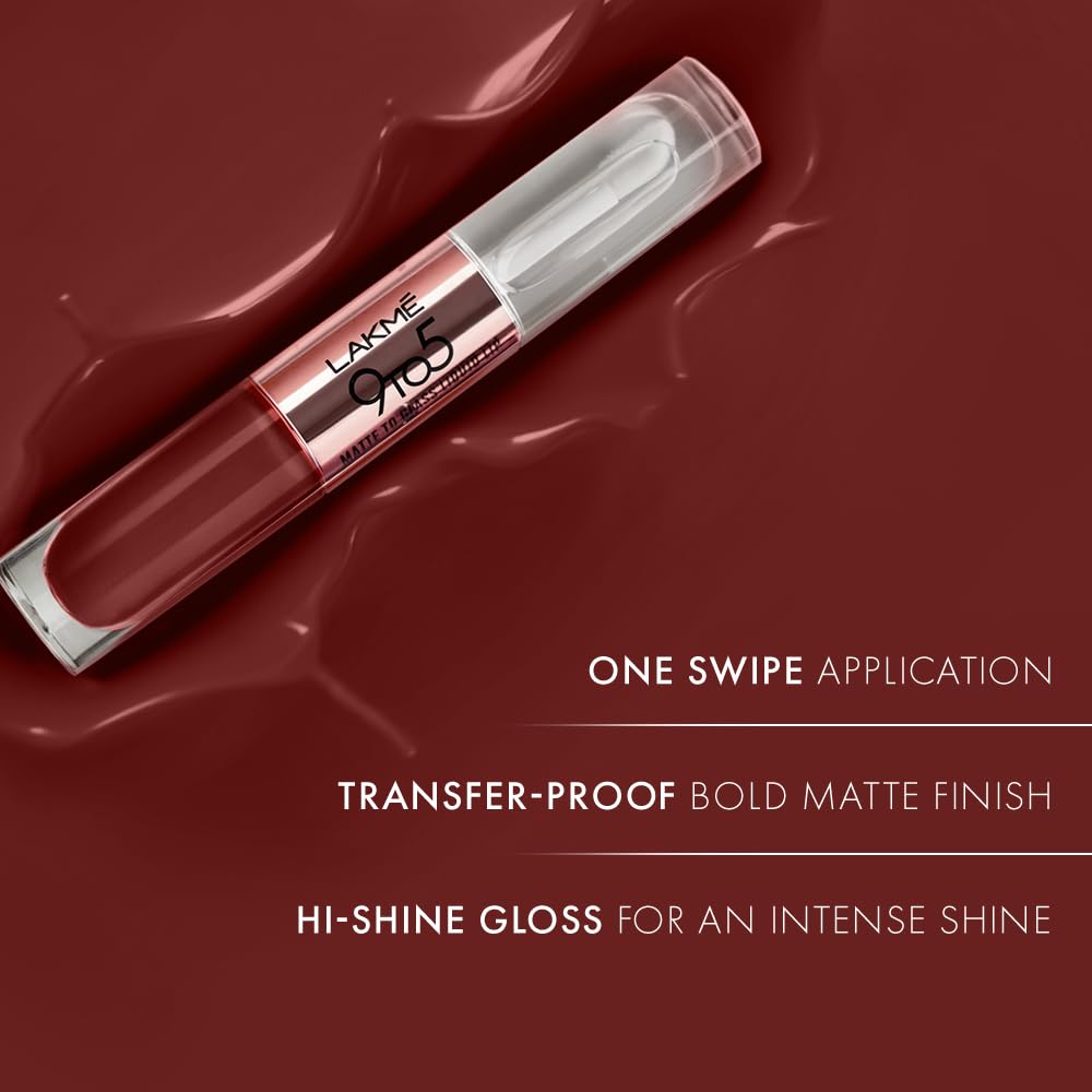 LAKMÉ 9 To 5 Matte To Glass Liquid Lipstick - Long Lasting Matte & Glossy Finish Lip Color for Day to Night Wear - Perfect for Office, Parties & Special Occasions