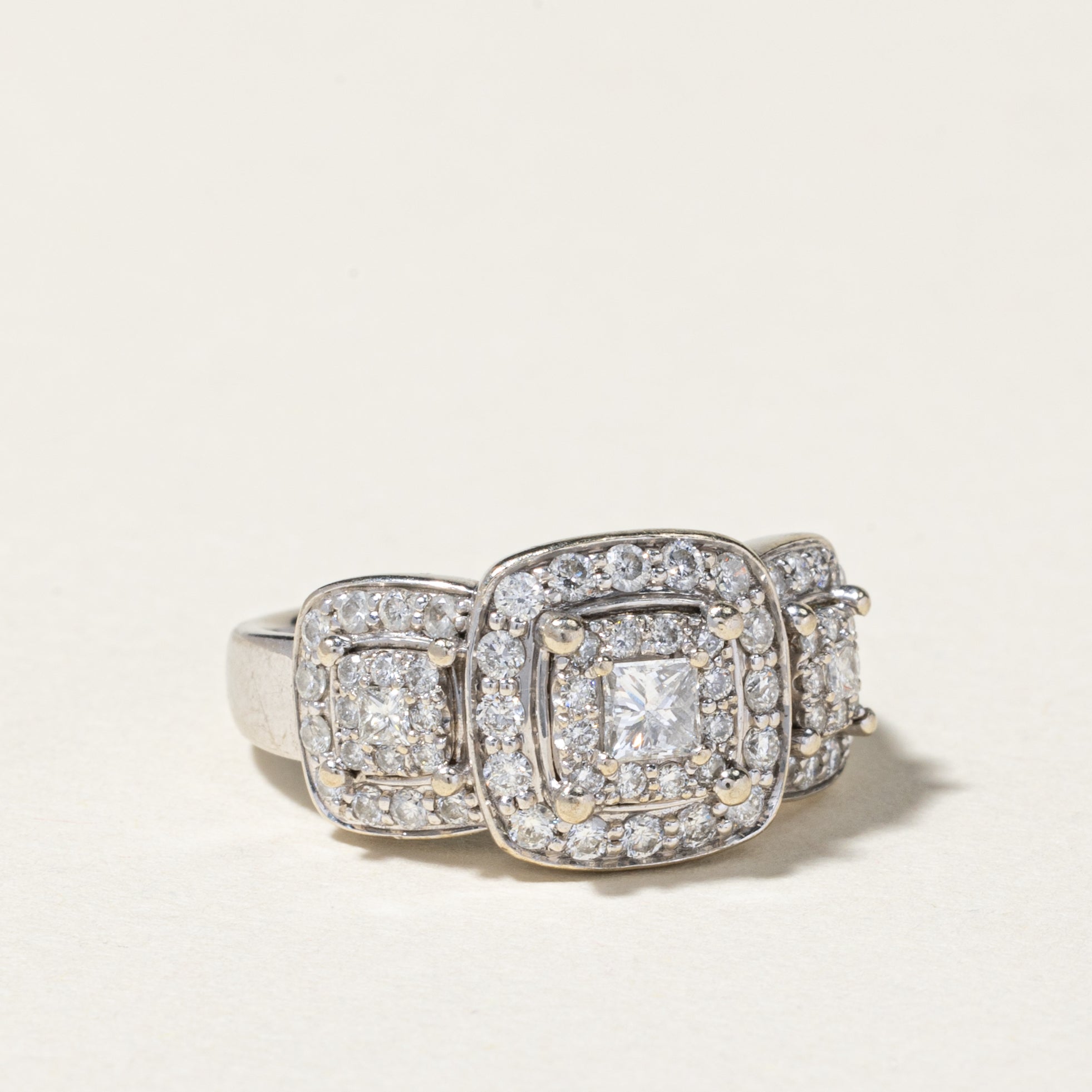 14K Three Stone Diamond Halo Engagement Ring - 1.00ctw Total Weight - Size 7 - Perfect for Proposals, Anniversaries & Special Occasions