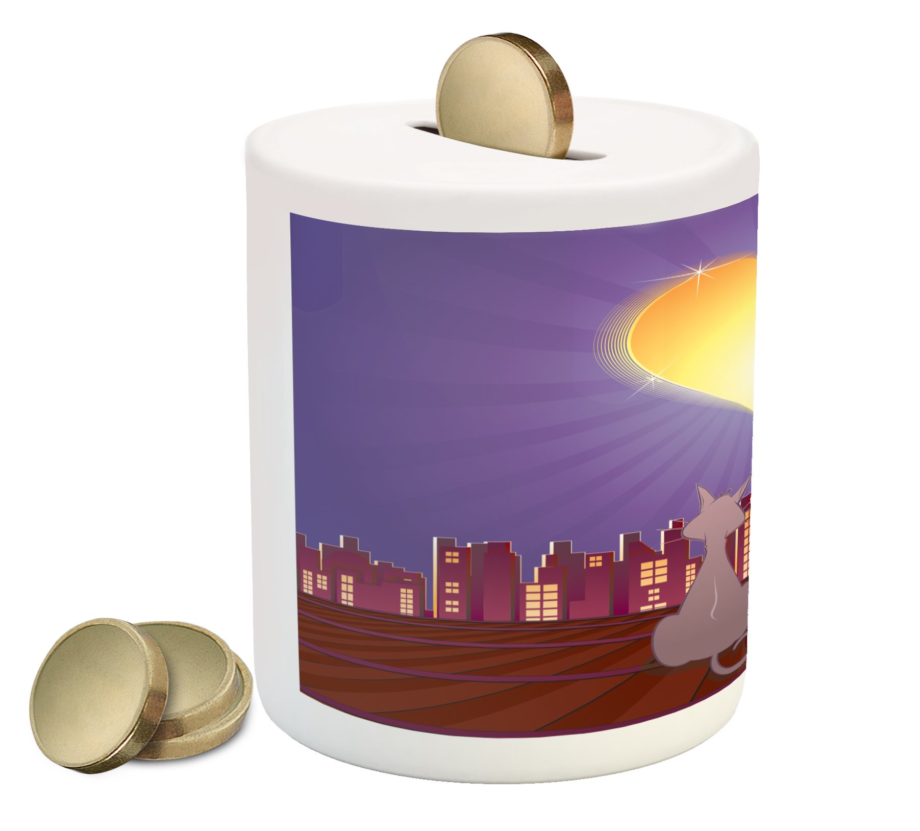 Ambesonne Ceramic Cat Lover Piggy Bank - Romantic Night City View with Heart Moon & Loving Cats - Money Saving Coin Bank for Cash & Coins | Perfect Gift for Cat Lovers, Home Decor & Savings Motivation