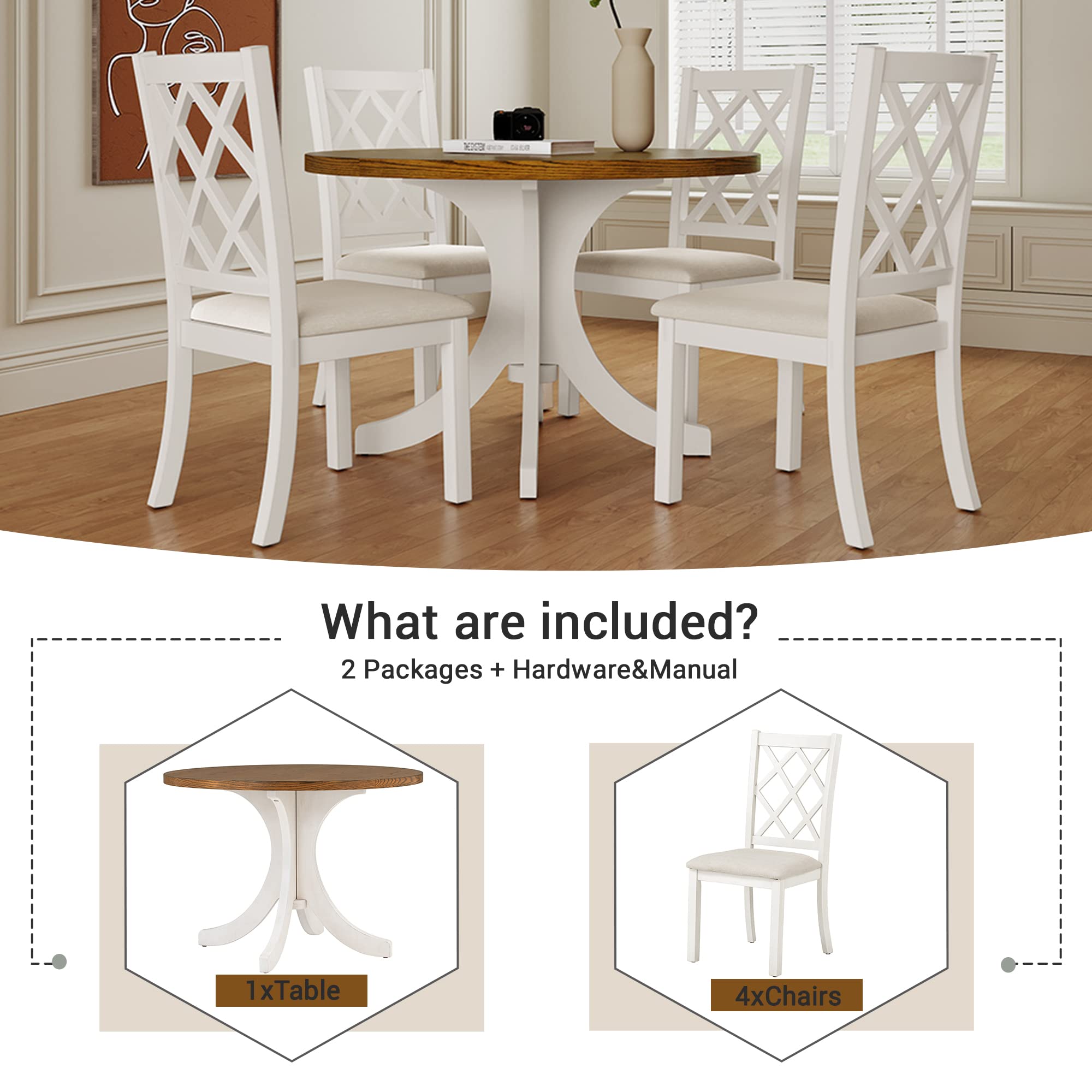 5-Piece Modern Farmhouse Dining Set with Round Acacia Wood Table & 4 Cross Back Chairs - Rustic Kitchen Table with Splayed Legs for Family Meals, Dinner Parties & Small Space Dining Rooms