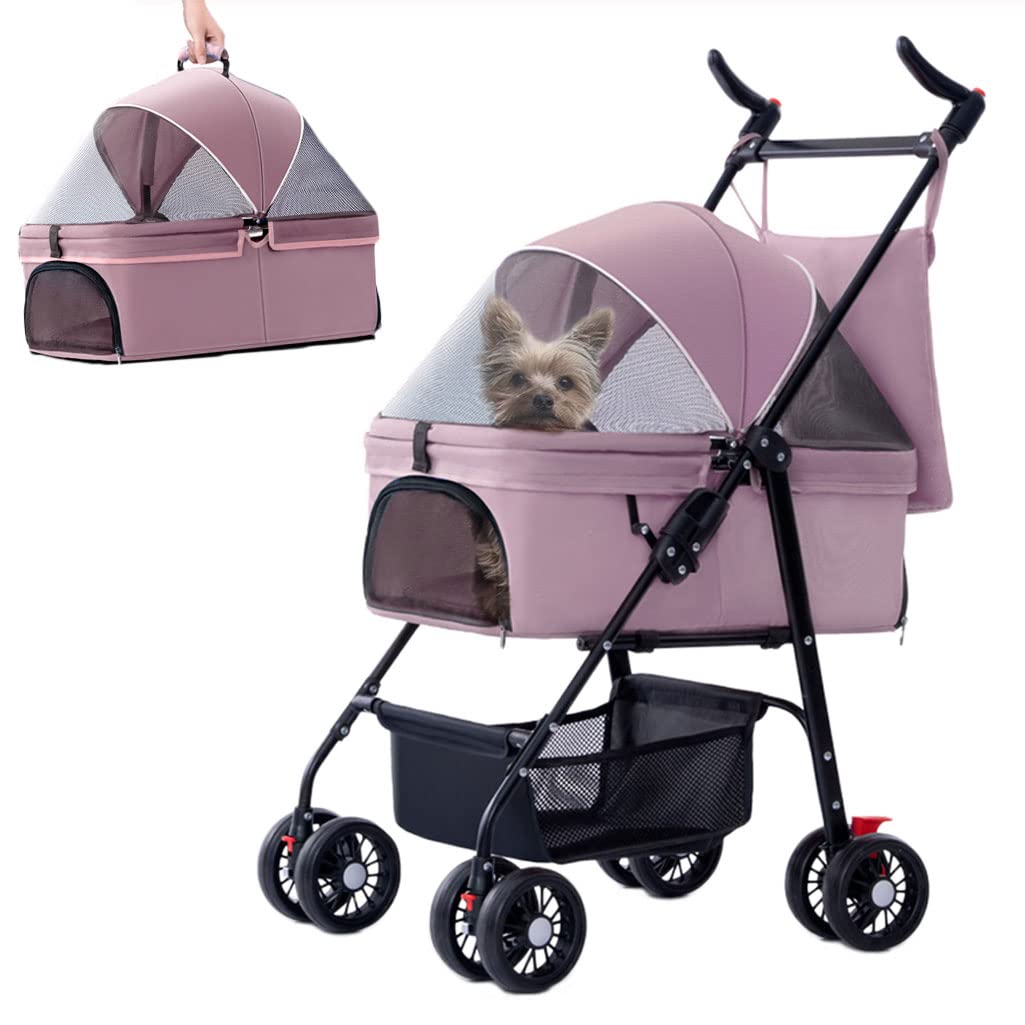Foldable Pet Stroller for Dogs & Cats - Lightweight 4-Wheel Travel Carrier with Removable Liner & Storage Basket | Perfect for Outdoor Walks, Vet Visits, and Shopping Trips