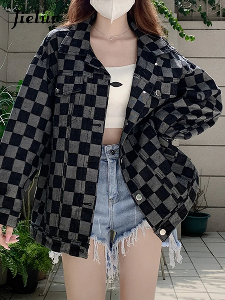 Women's Autumn Black Denim Coat - Korean Style Checkerboard Print Casual Loose Fit Retro Blue Jacket | High Street Fashion for Fall Outfits, Date Nights & Streetwear Looks