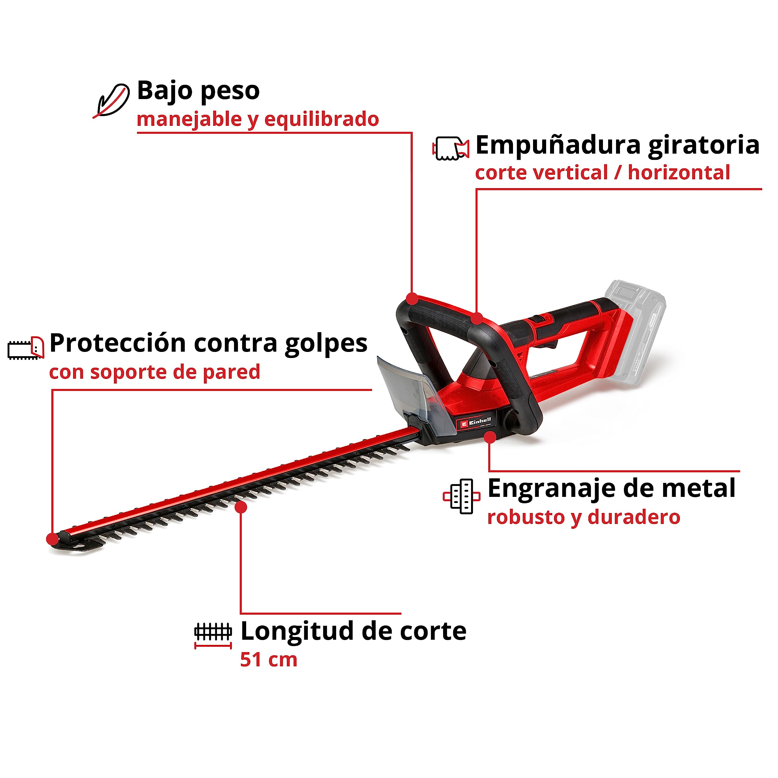 Einhell GC-CH 18/50 Li Cordless Hedge Trimmer - 18V Lithium-Ion, Metal Gear, Aluminum Blade Cover (Battery & Charger Not Included) - Perfect for Home Garden Landscaping & Yard Maintenance