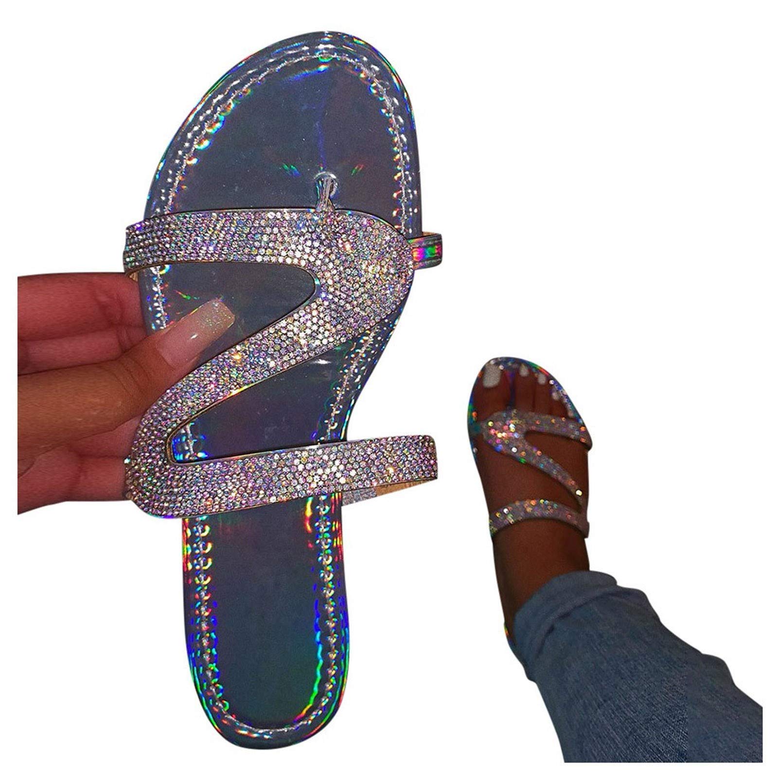 Sparkly Rhinestone Sandals for Women - Bohemian Summer Flip Flops with Flat Sole - Comfortable Beach & Travel Slippers for Casual Outings, Pool Parties and Vacation Wear