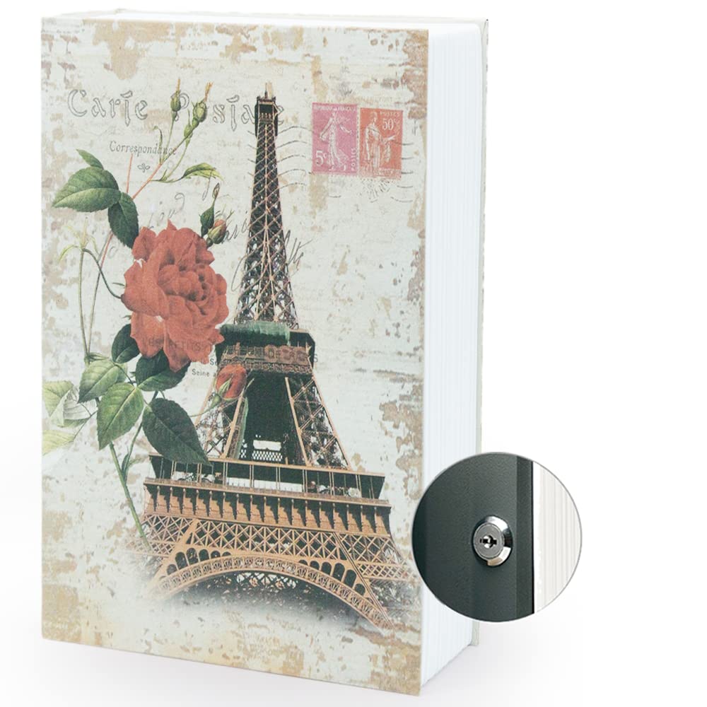 Diversion Book Safe Storage Box (9.5×6×2.2 Inches) - Dictionary Secret Safe with Security Key Lock - Hidden Book Safe for Valuables - Perfect for Home Security, Cash Storage & Travel Safety (Paris Style, Includes Key)