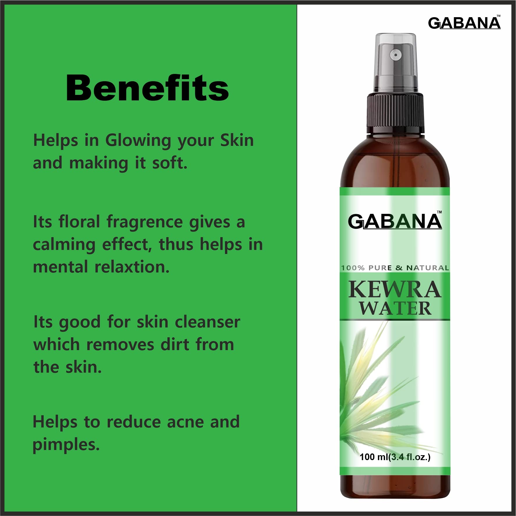 GABANA Natural Kewra Water for Face & Skin (Pack of 2, 100ml) | Organic Facial Toner, Makeup Remover & Skin Tightening Solution | Refreshing & Glowing Skin Care | Perfect for Daily Cleansing, Hydration & Makeup Removal Routine