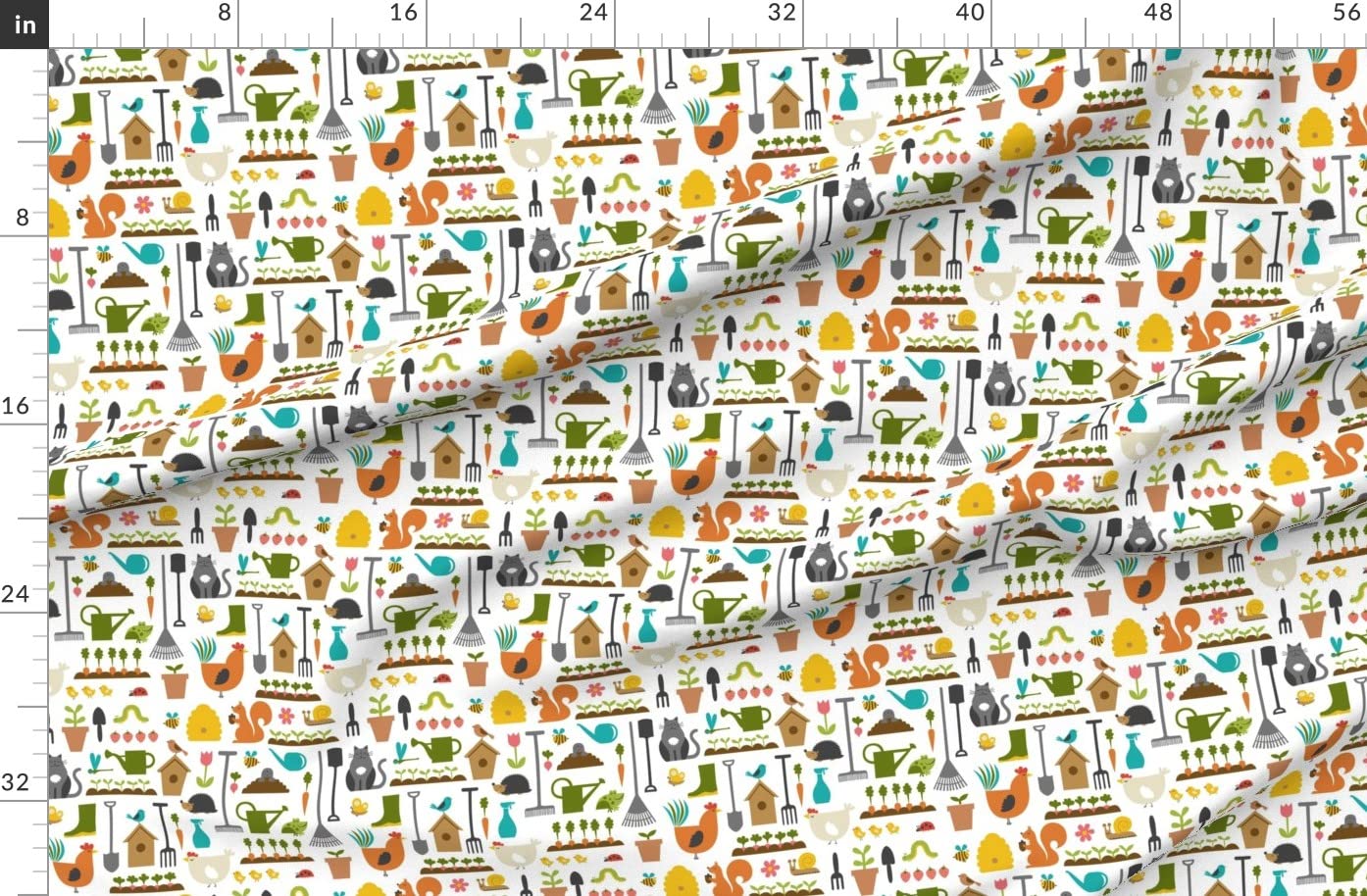 Gardening Tools Printed Denim Fabric by The Yard - for Farm & Home Decor