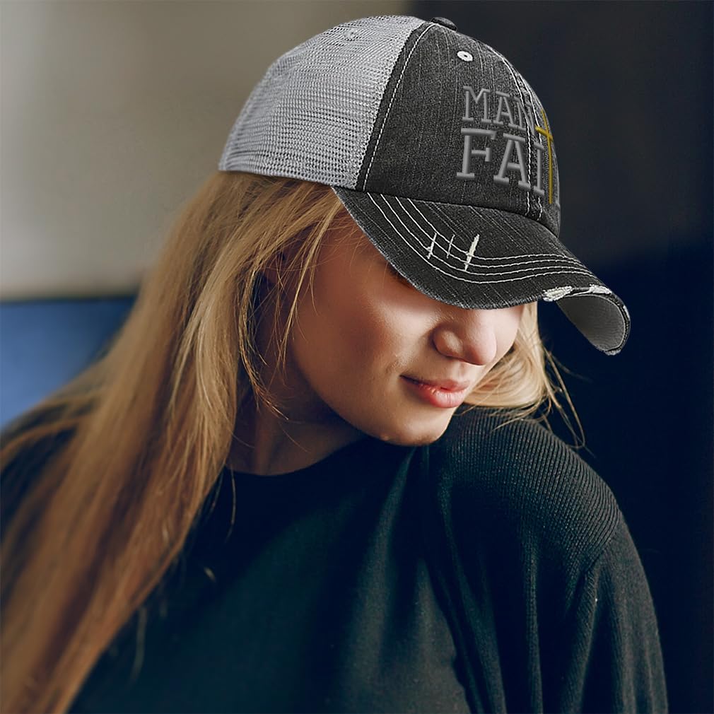 Distressed Trucker Hat for Men & Women - Speedy Pros Christian Faith Jesus Design - Cotton Adjustable Cap for Outdoor, Casual & Religious Events