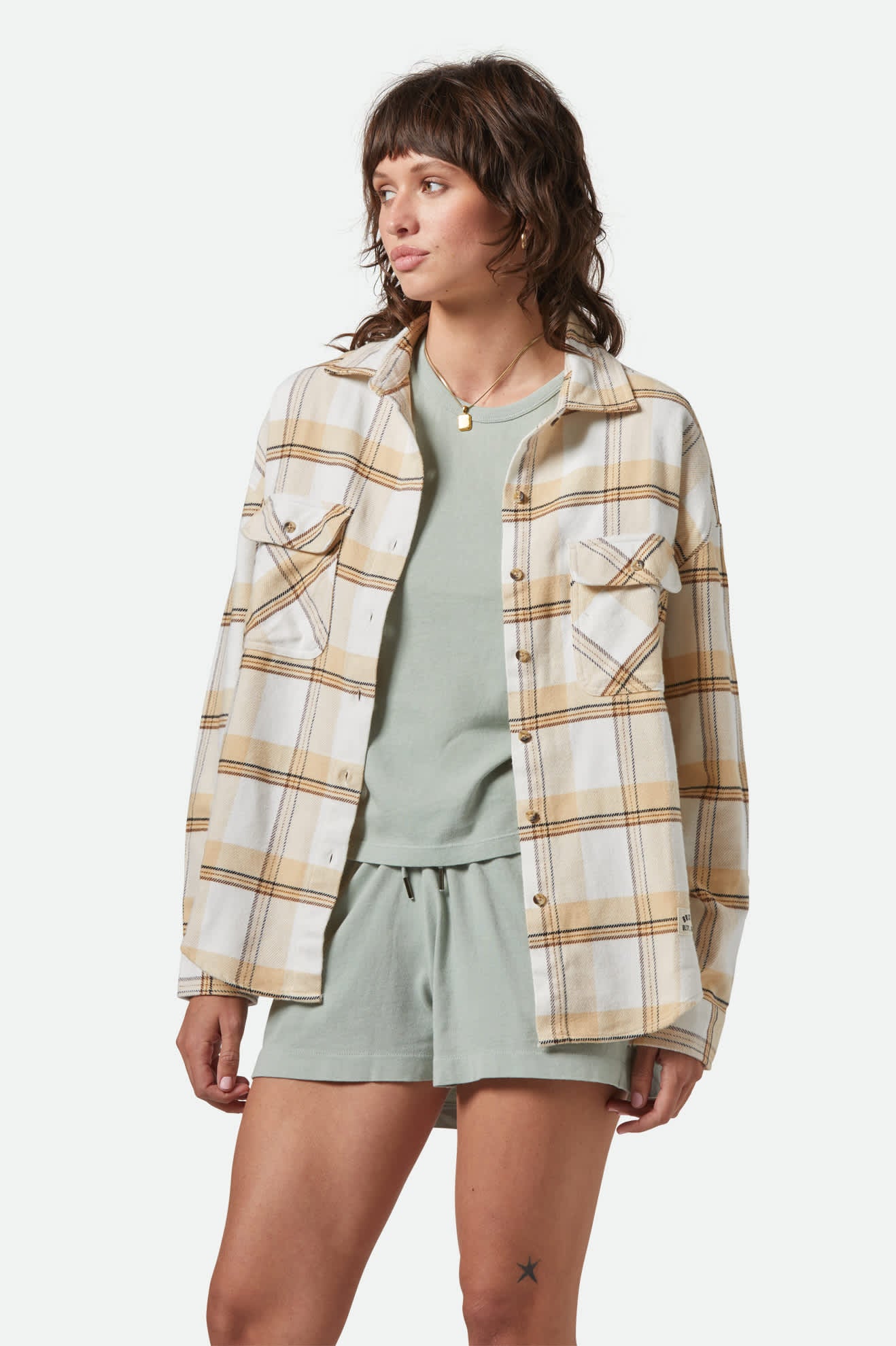 Bowery Women's Classic Long Sleeve Flannel Shirt - Off White/Semolina/Washed Copper Plaid - Cozy Fall & Winter Layering for Casual Outfits