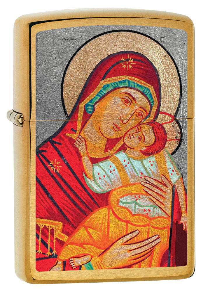 Zippo Lighter Virgin Mary with Child Brushed Brass 80631 - Windproof Refillable Metal Lighter for Outdoor Camping, Hiking & Everyday Carry