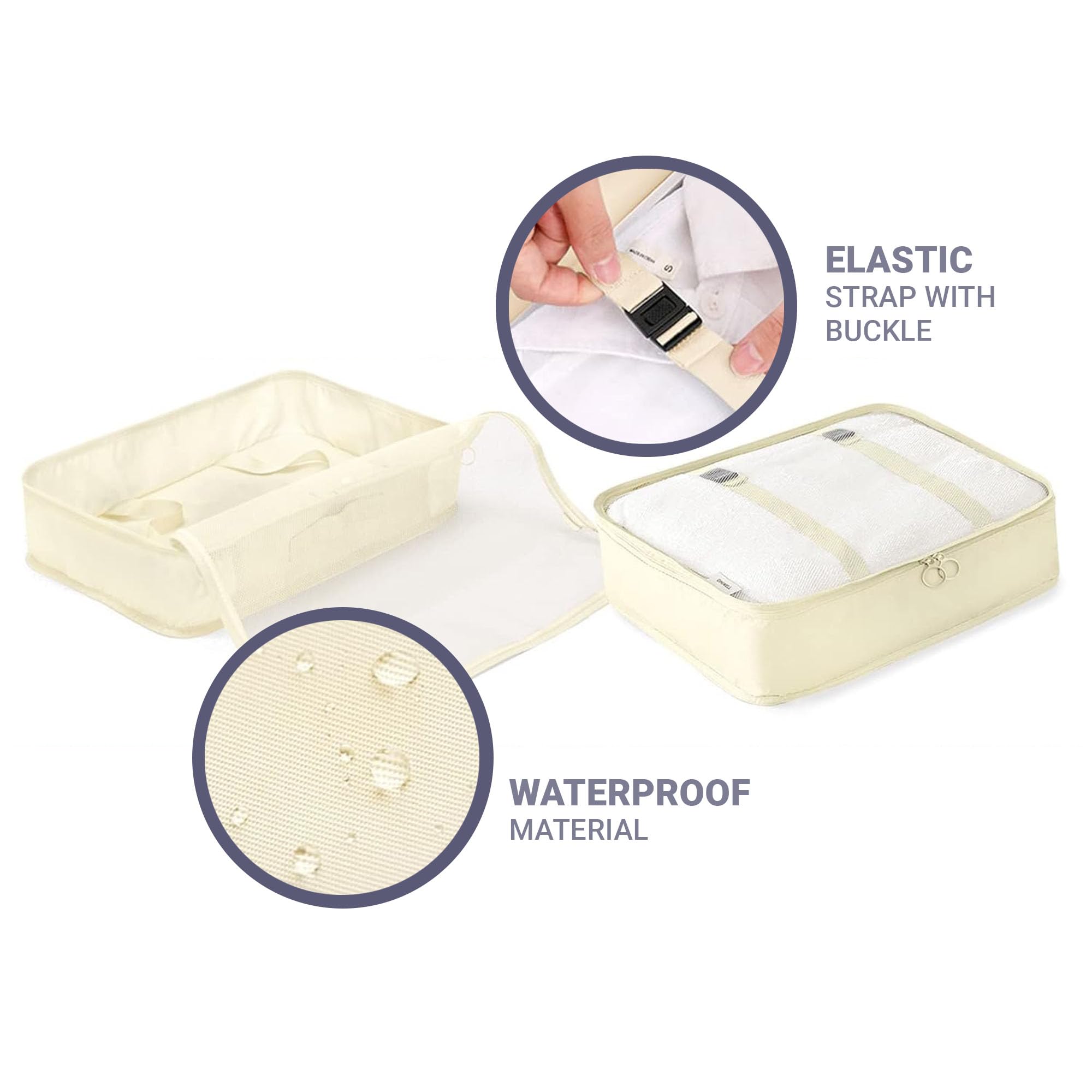 RORMI 7-Piece Packing Cubes Set with Zipper - Travel Luggage Organizer for Clothes, Shoes & Laundry Bags (Beige) | Perfect for Business Trips, Vacations & Weekend Getaways