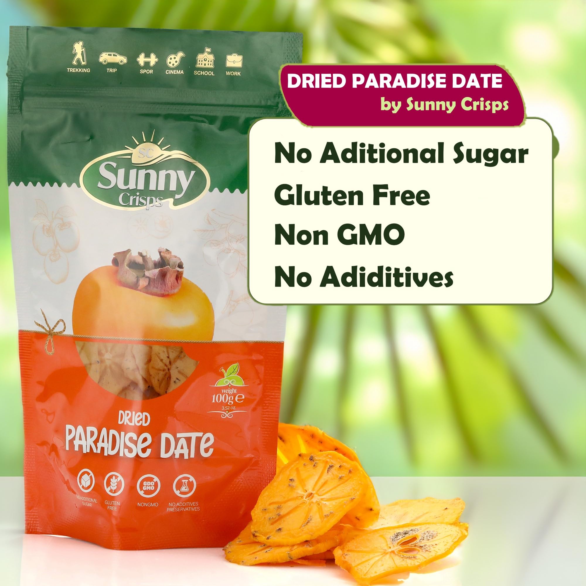 Organic Dried Persimmons 3.52 Oz - No Sugar Added, Gluten Free, Dehydrated Turkish Trabzon Persimmon Snacks - Chewy Dried Fruit for Healthy Snacking, Kids Lunch Box & On-the-Go Energy Boost - Perfect for Hiking, Office Snacks & Toddler Treats in Resealable Zip Bag