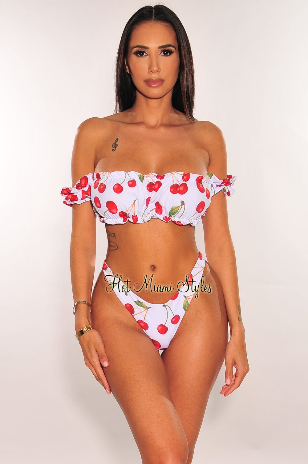 Sexy Off Shoulder Bikini Set with Ruffle Trim - White & Red Cherry Print Swimwear for Women, Perfect for Beach Vacation Pool Party and Summer Getaway