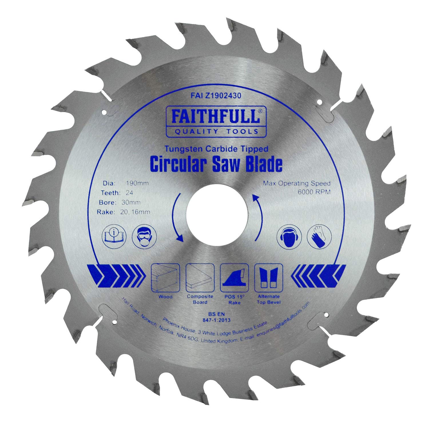 Faithfull FAIZ1902430 190mm TCT Circular Saw Blade - 30mm Bore, 24 Teeth for Woodworking & DIY Projects - Perfect for Cutting Plywood, MDF, and Hardwood