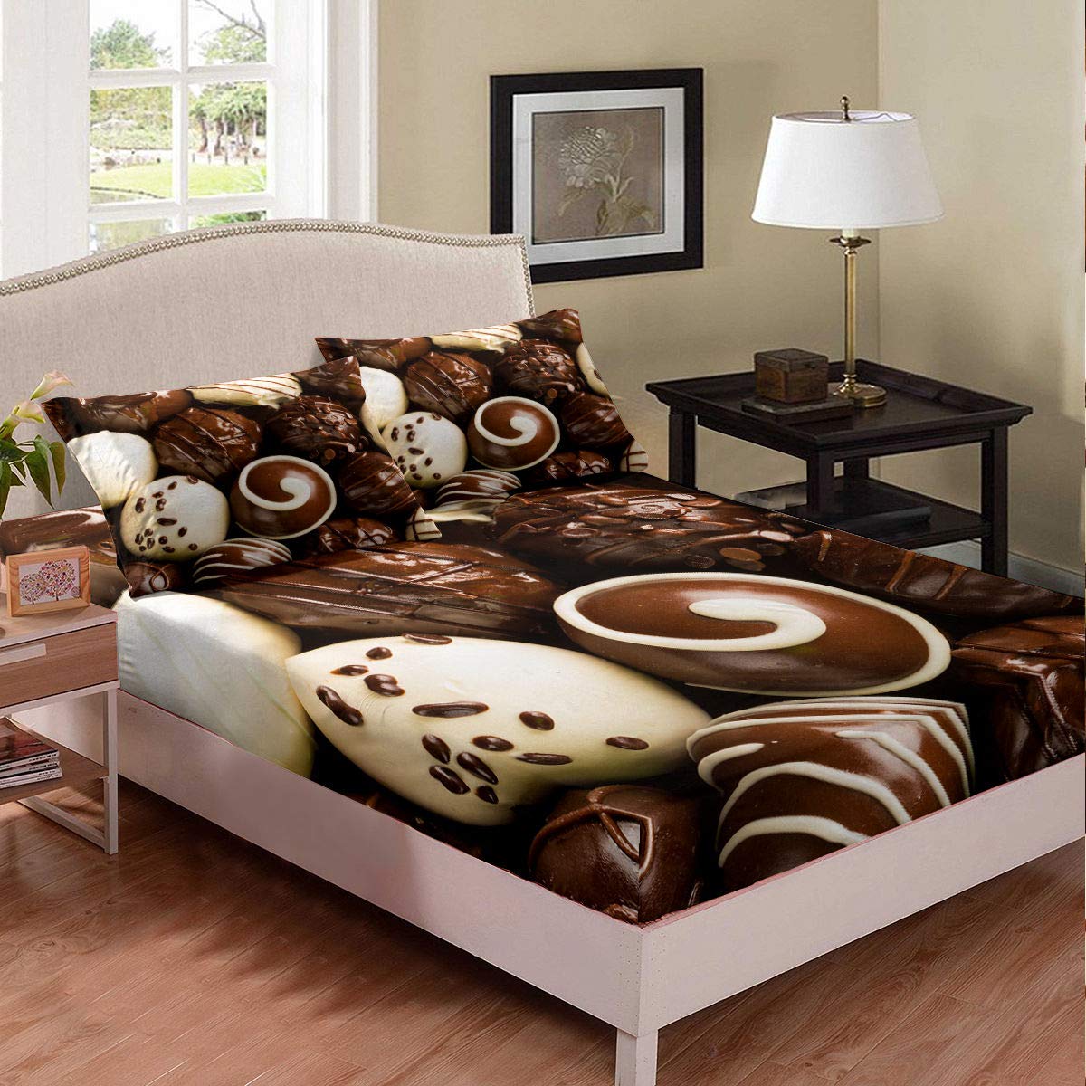 Homewish Chocolate Balls Bedding Set - Queen Size Dessert Pattern Microfiber Sheet Set for Kids, Boys & Girls (Includes 1 Fitted Sheet + 2 Pillowcases) - Sweet Food Themed Room Decor for Teens Bedrooms & Dorm Rooms