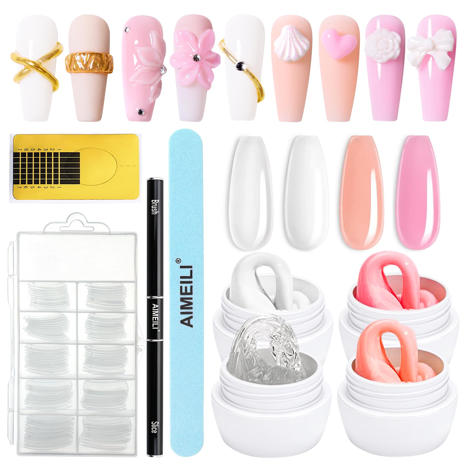 AIMEILI Hema-Free Solid Builder Nail Gel Kit - 4 Colors Nail Extension Gel with 2-in-1 Pen Brush, 100pcs Clear Dual Nail Forms & 10pcs Nail Tips Guide Stickers - Perfect for DIY Nail Art, Salon Extensions & At-Home Manicures