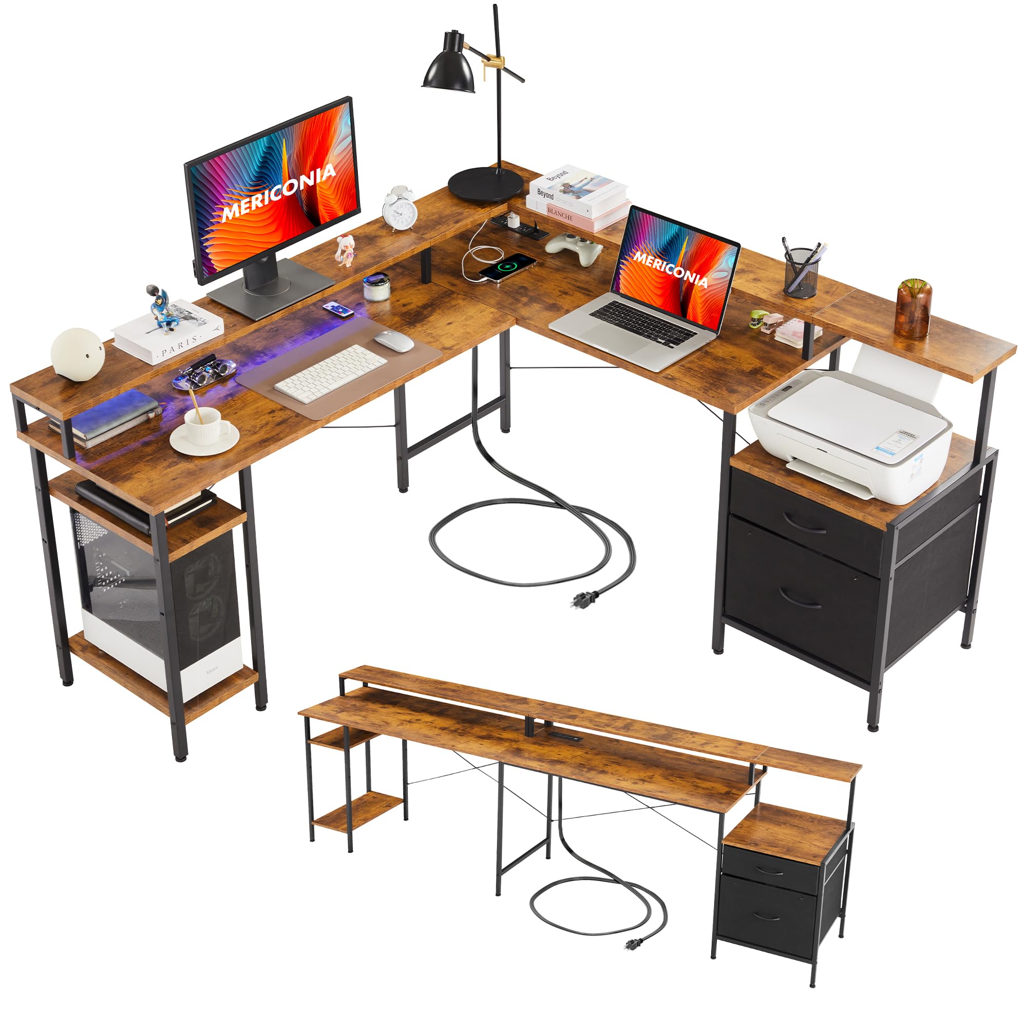 L Shaped Desk 66 Inch - Corner Computer Desk with File Drawer, LED Gaming Table, Workstation with Monitor Shelf & Printer Storage, Two Person Office Desk in Rustic Brown - Perfect for Home Office, Gaming Setup & Small Workspaces