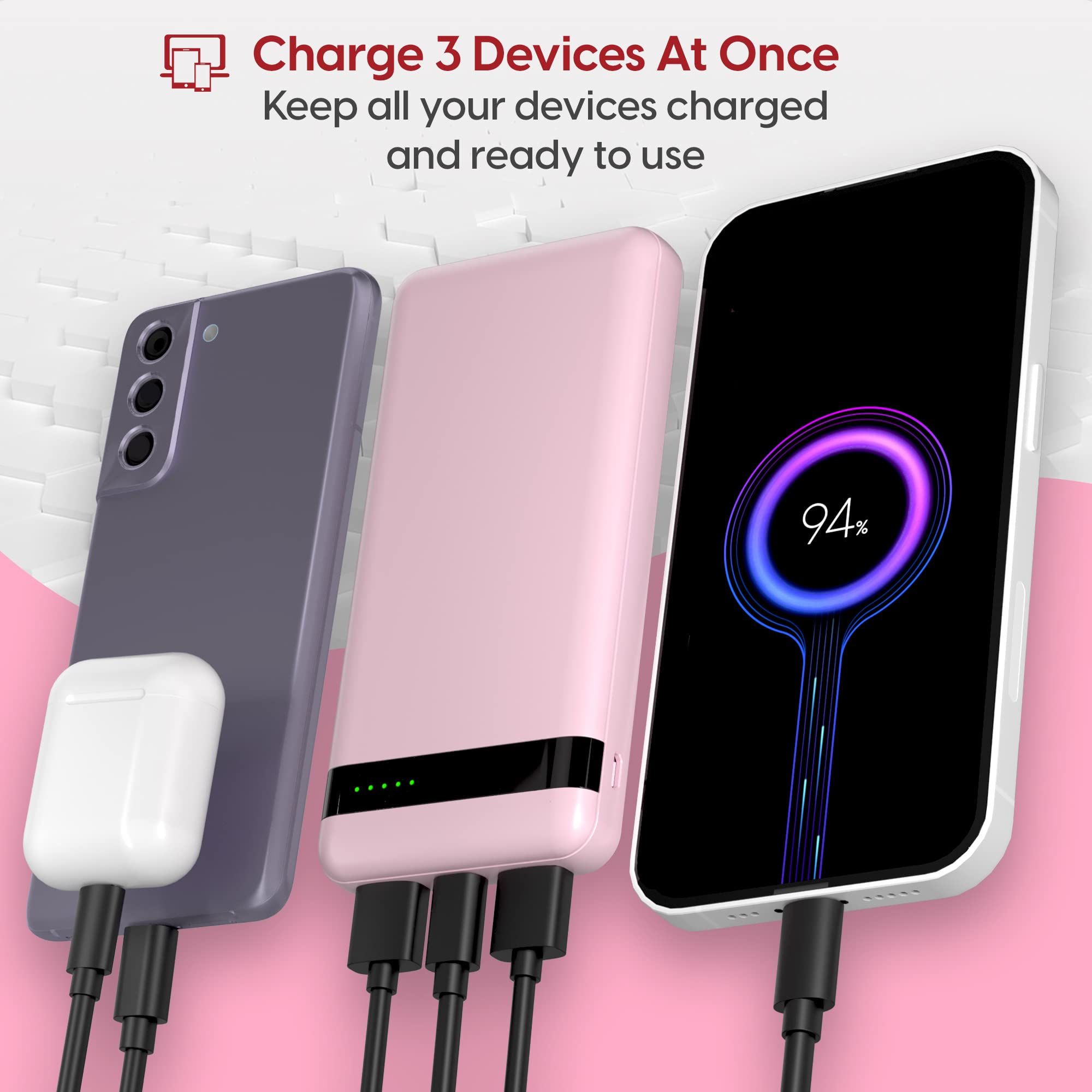 TALK WORKS 10000mAh Portable Charger Power Bank - Fast Charging USB-C External Battery for iPhone 14/13/12/11/X/8/7/6/SE, iPad, Samsung Galaxy, Android Phones - Compact Travel Charger (Rose Gold) | Perfect for Travel, Camping & Emergency Power Backup