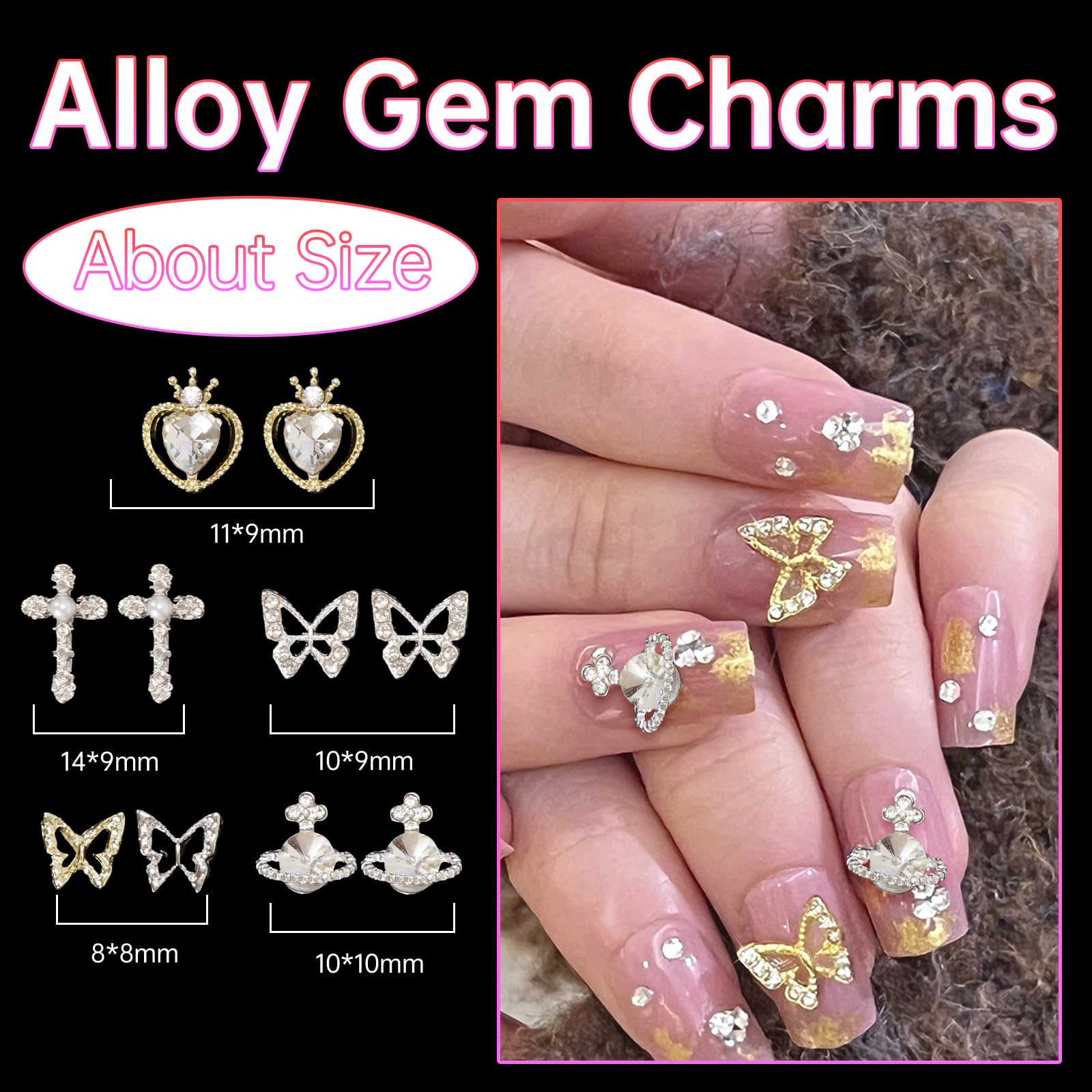 320Pcs White Butterfly, Heart, Star, Cross Nail Rhinestones Charms - 3D Alloy Pearl Nail Art Decorations with Bows & Flowers for DIY Manicure, Crafting & Jewelry Making - Perfect for Nail Salons, Home DIY Projects & Gift Giving