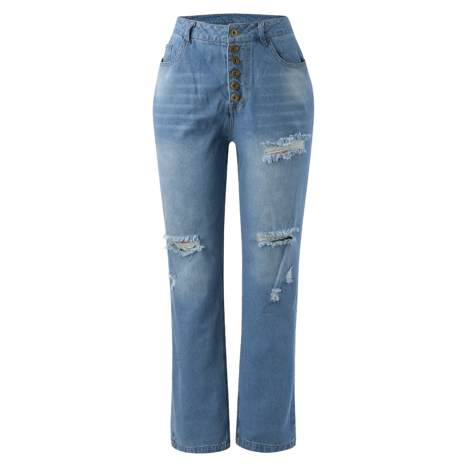 Women's High Waist Distressed Ripped Jeans - Loose Fit Washed Denim Pants with Button & Pocket | Casual Streetwear, Weekend Outfits, Date Night Fashion