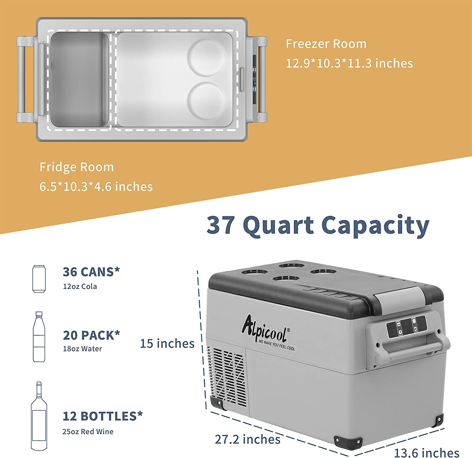 Alpicool CF35 12V/24V Portable Car Refrigerator Freezer - 36 Quart Dual Zone Fridge for Camping, Road Trips & RV Travel - Compact Mini Fridge for Food, Drinks & Medicine Storage